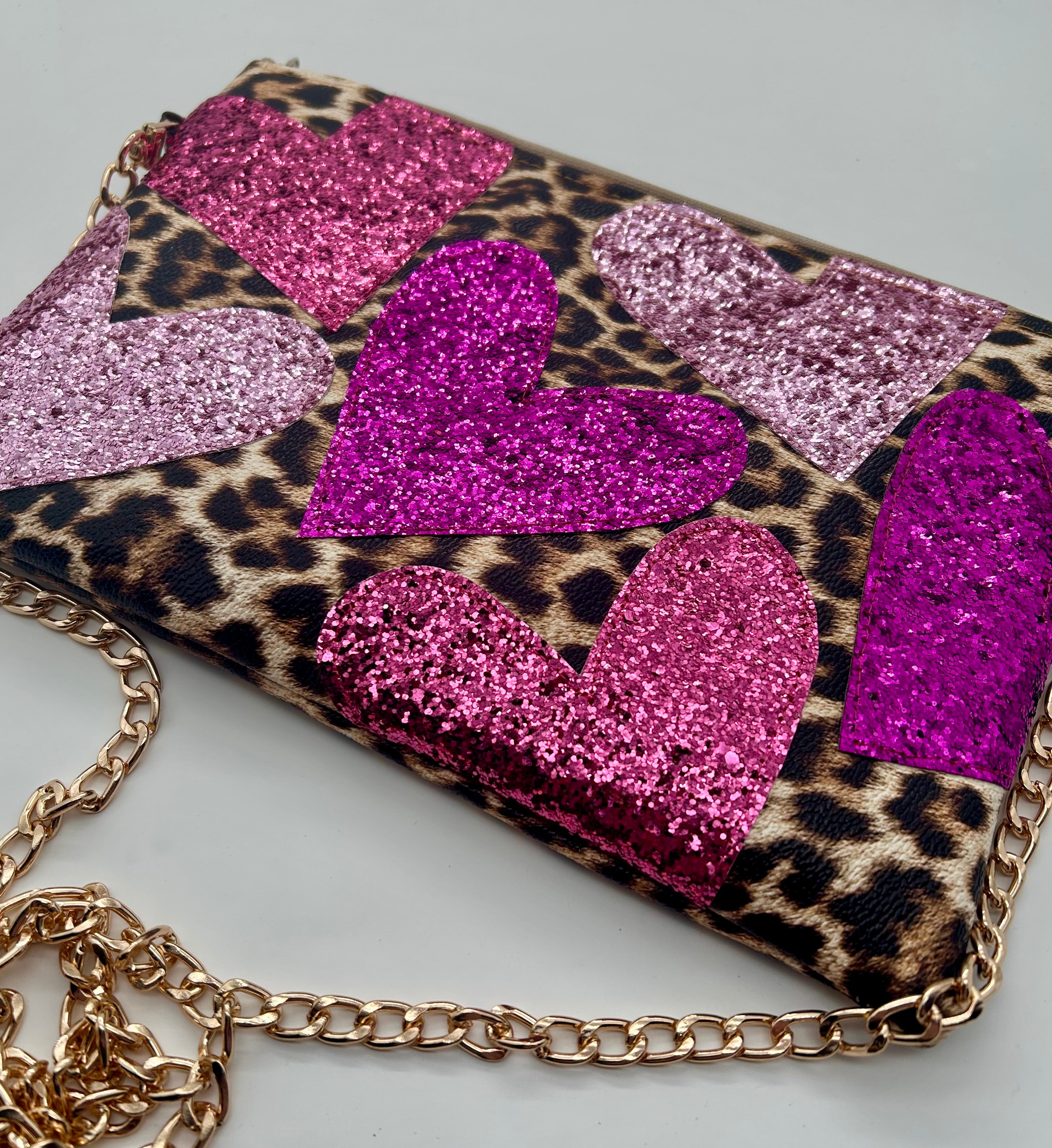 Embellished heart leopard bag