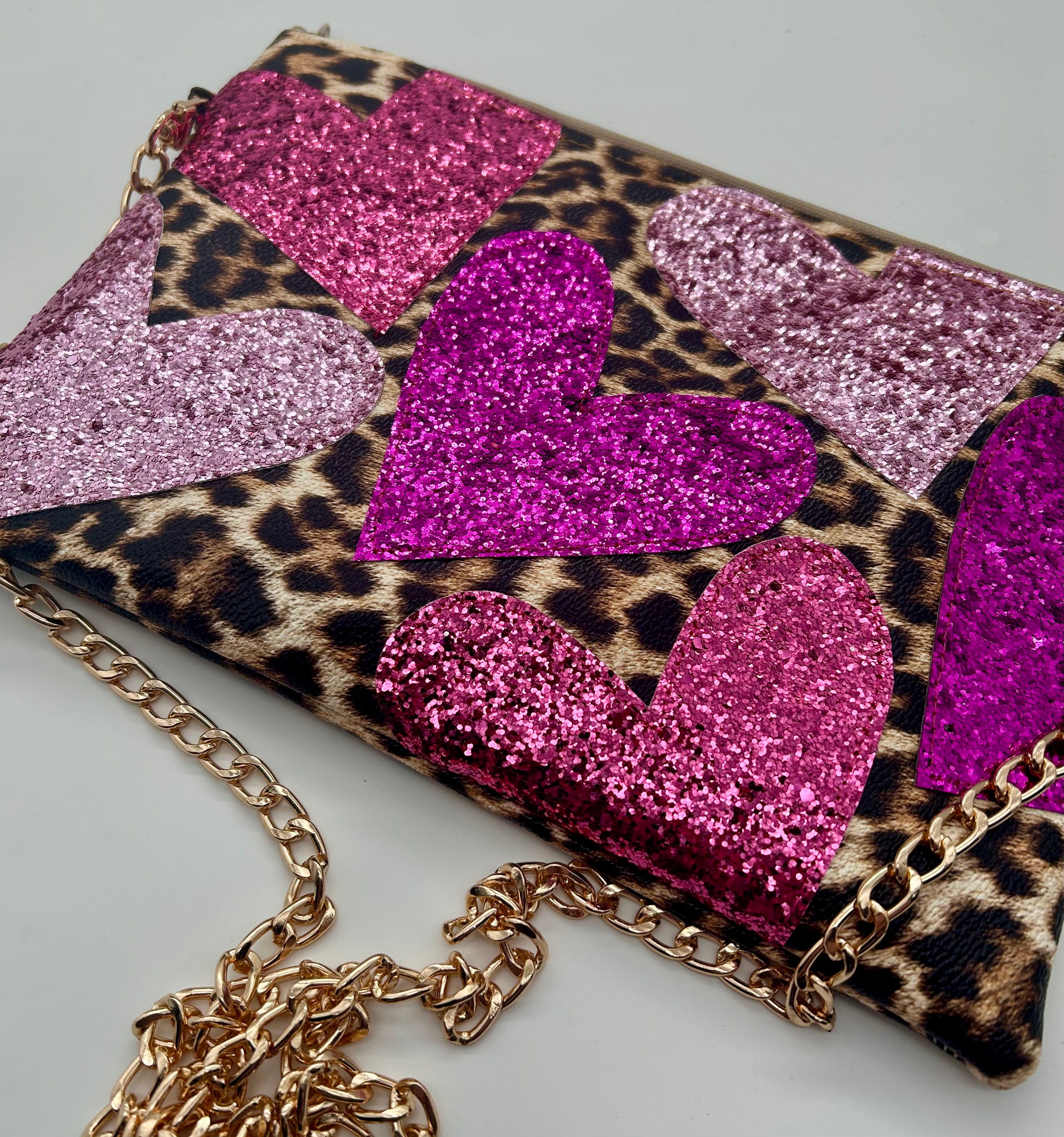 Embellished heart leopard bag
