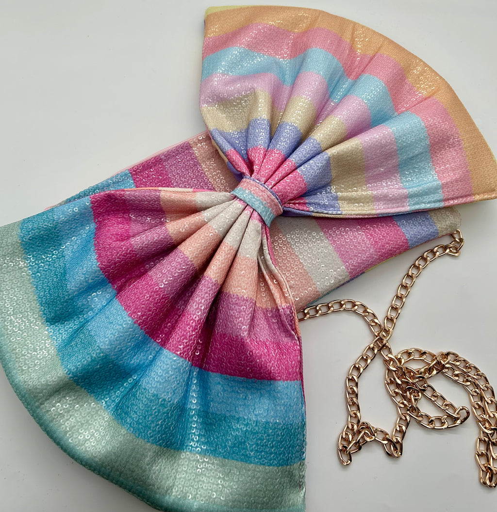 Rainbow stripe sequin bow bag