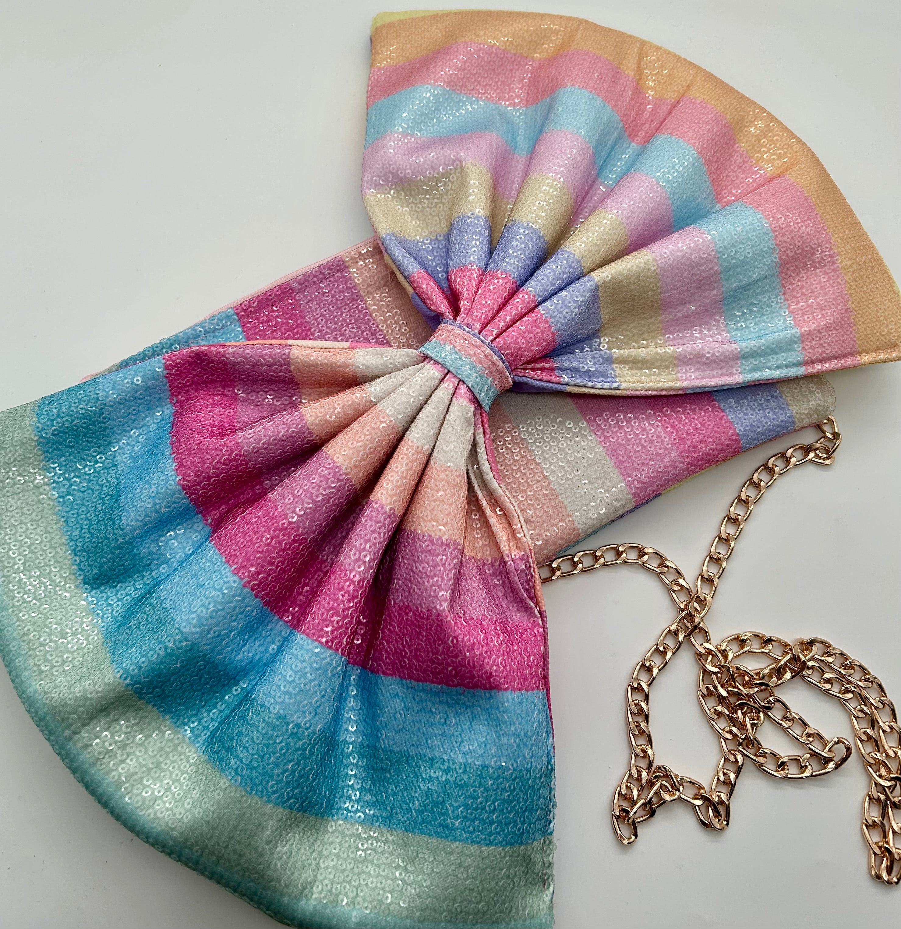 Rainbow stripe sequin bow bag