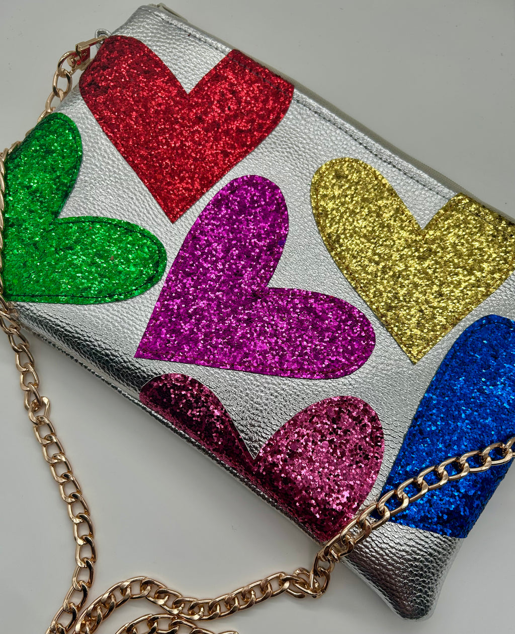 Silver metallic embellished glitter heart bag