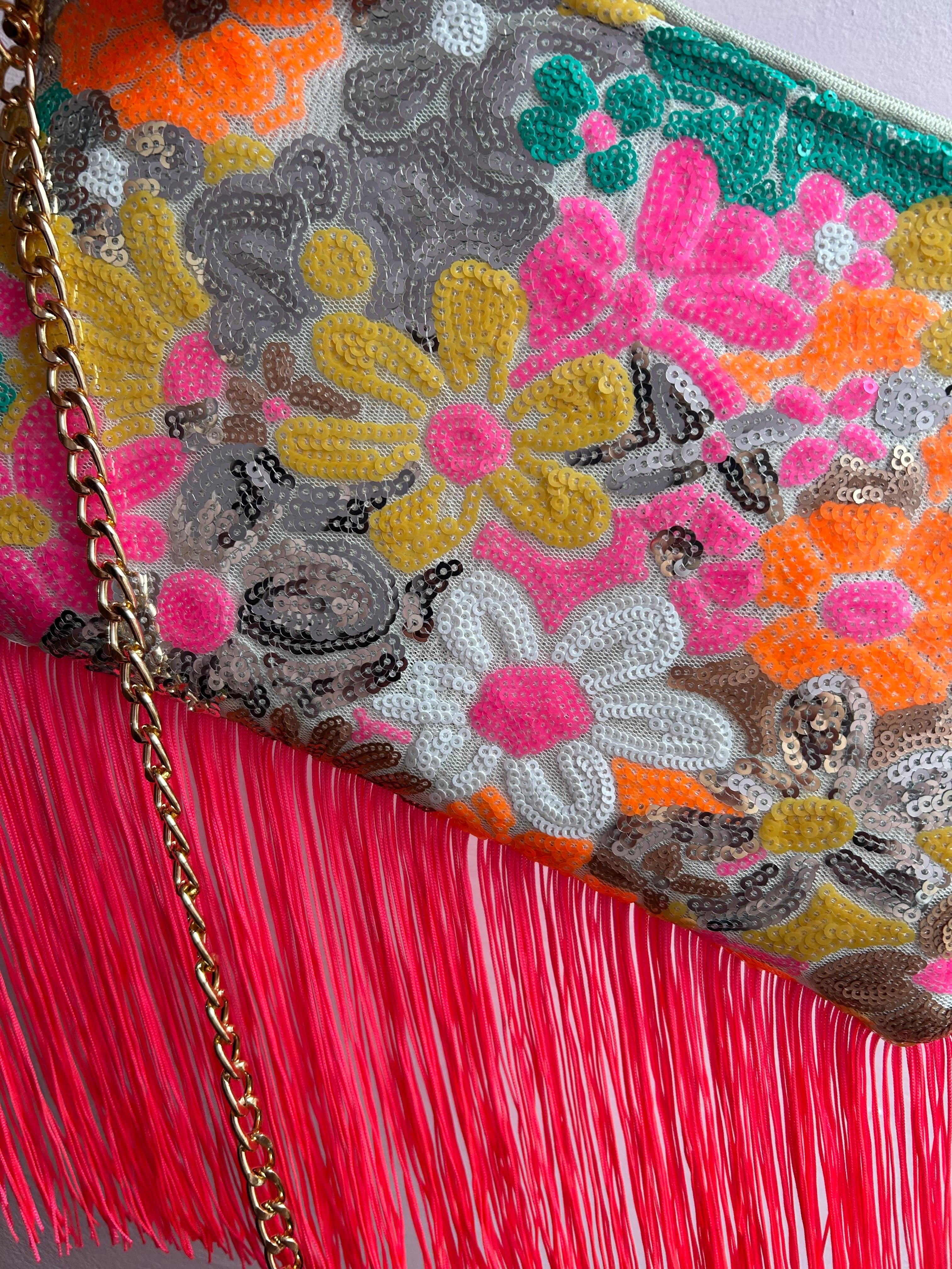 Floral sequin fringe handbag