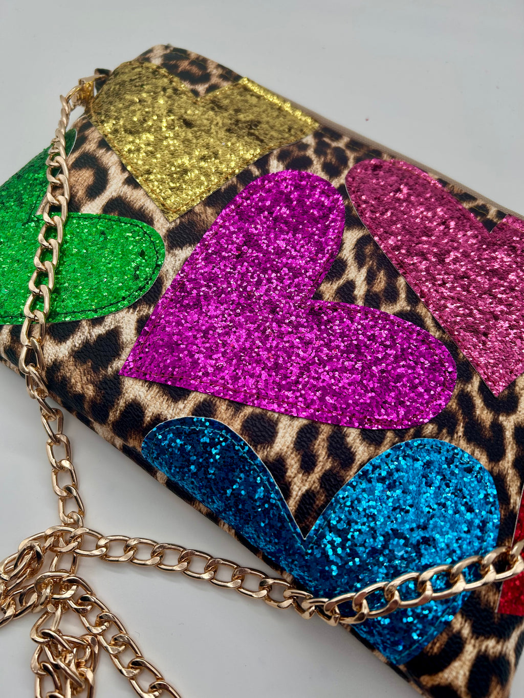 Leopard print embellished heart glitter bag