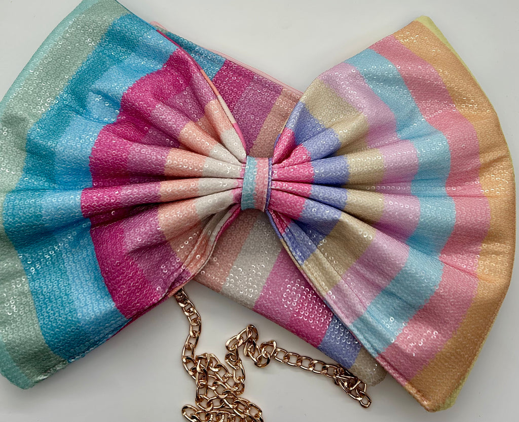 Rainbow stripe sequin bow bag