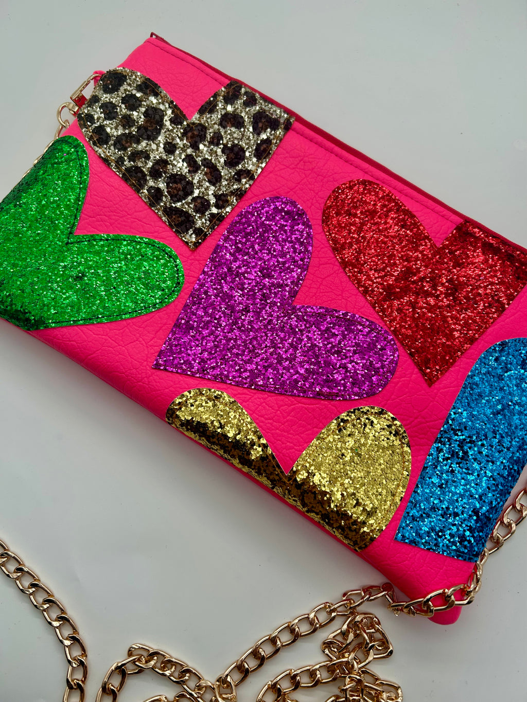 Neon pink embellished glitter heart bag