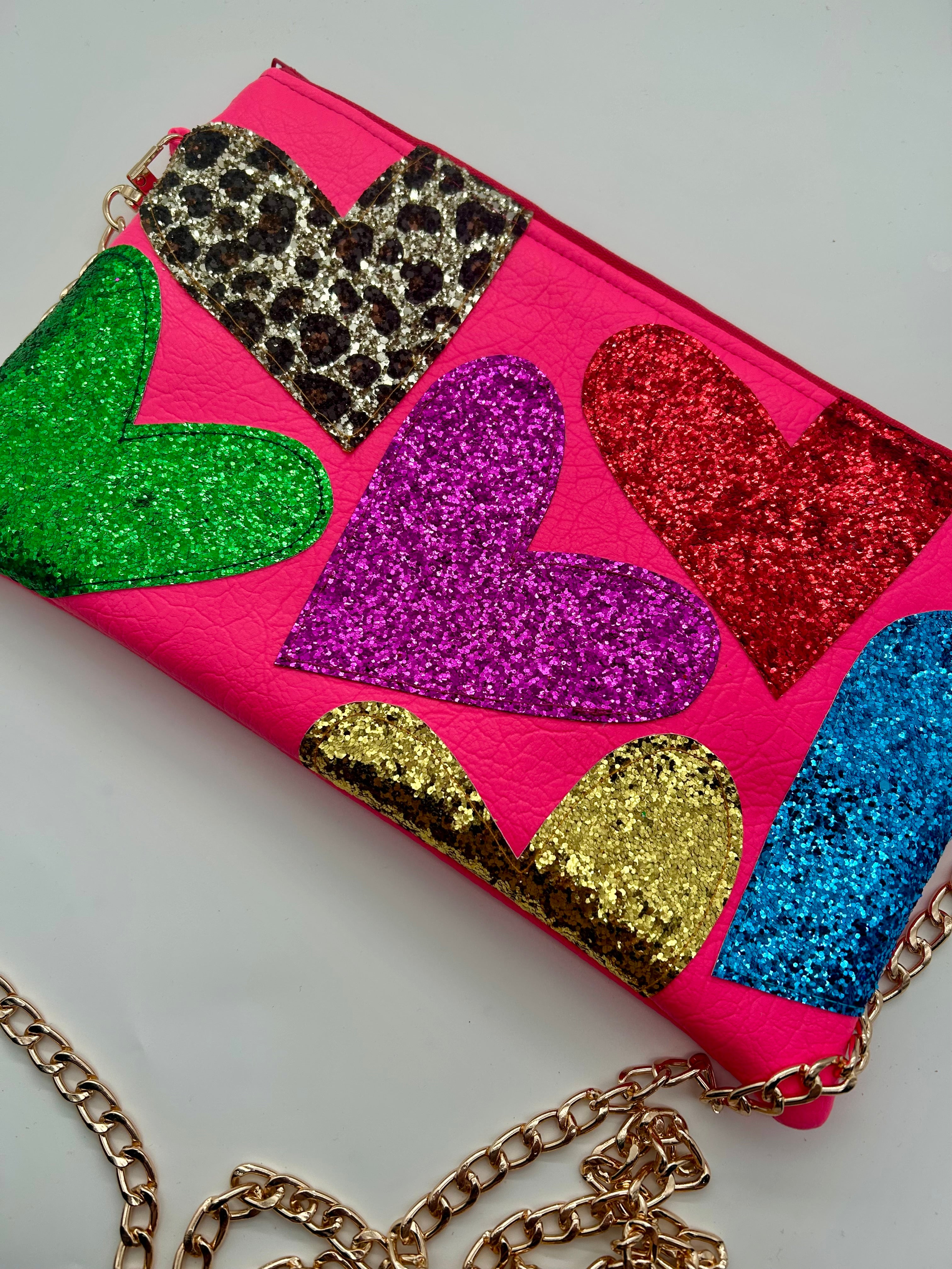 Neon pink embellished glitter heart bag