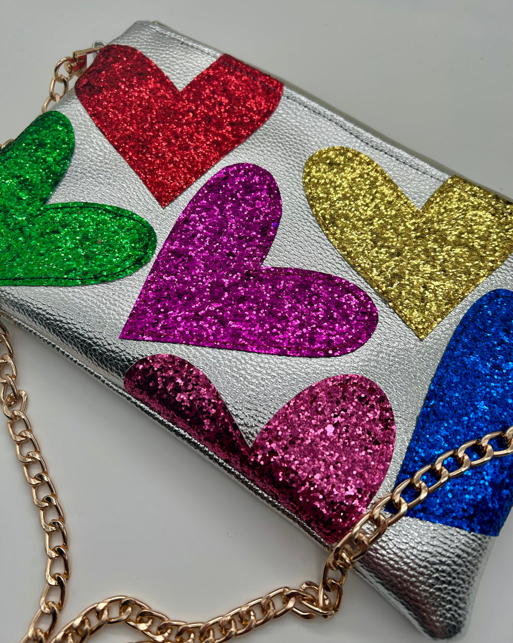 Silver metallic embellished glitter heart bag