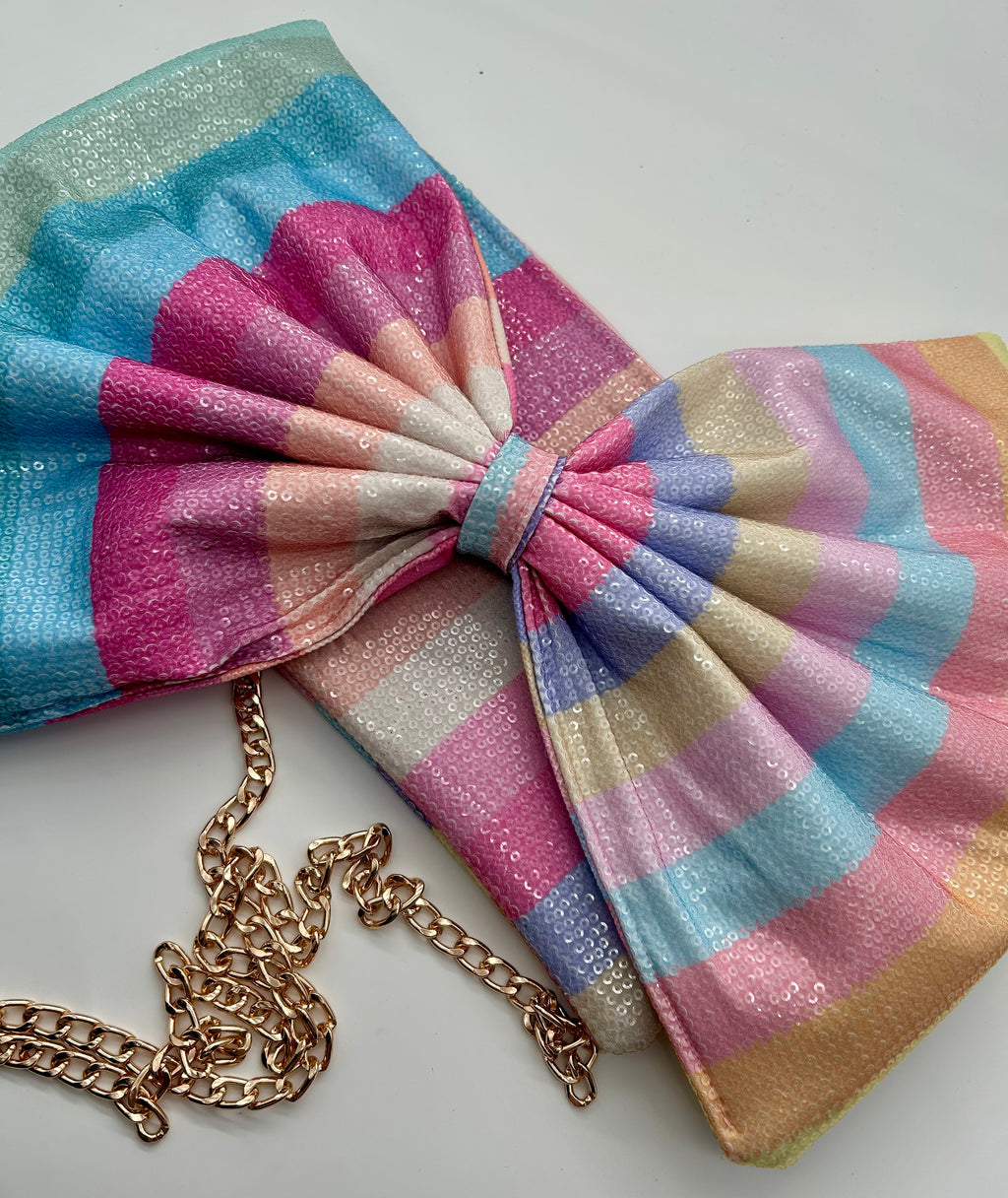 Rainbow stripe sequin bow bag