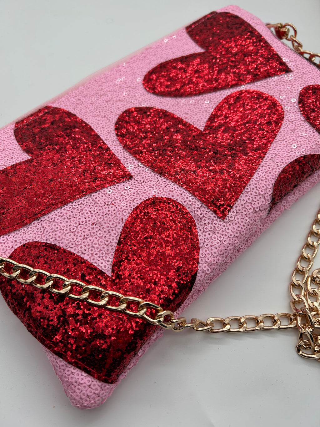 Pink sequin and red heart glitter bag