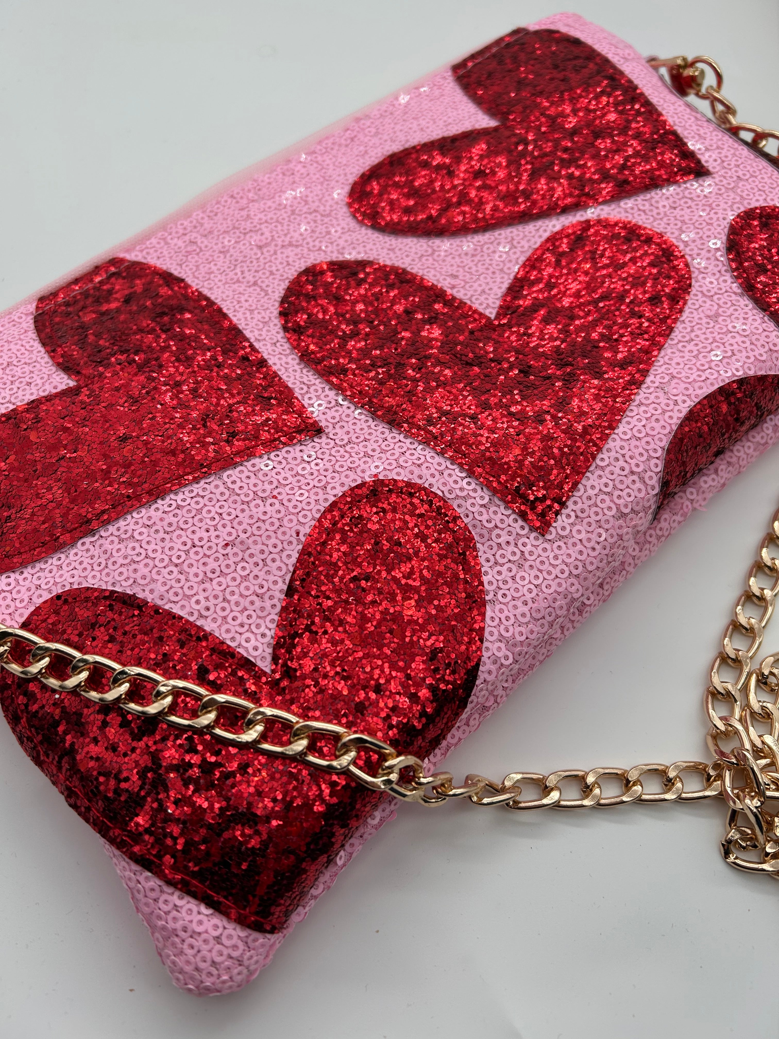 Pink sequin and red heart glitter bag