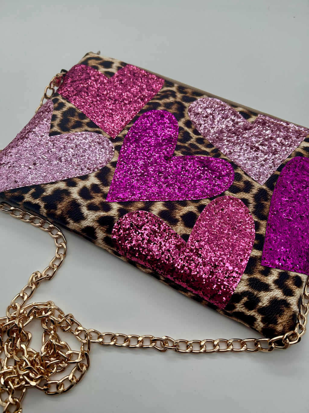 Embellished heart leopard bag