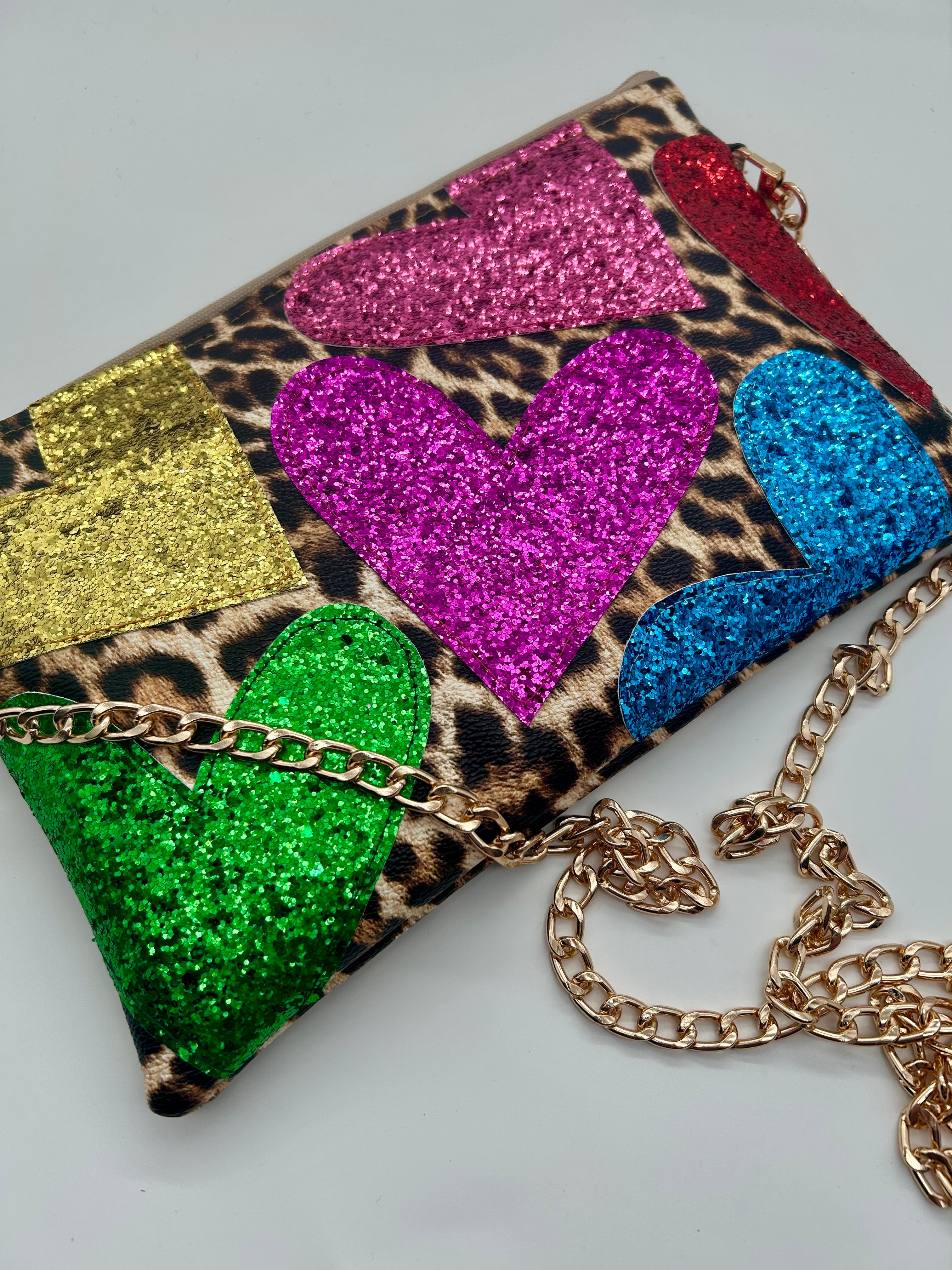Leopard print embellished heart glitter bag