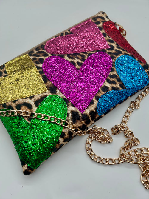 Leopard print embellished heart glitter bag