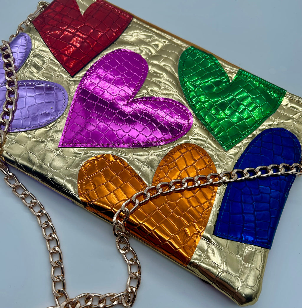 Gold embellished moc croc heart bag