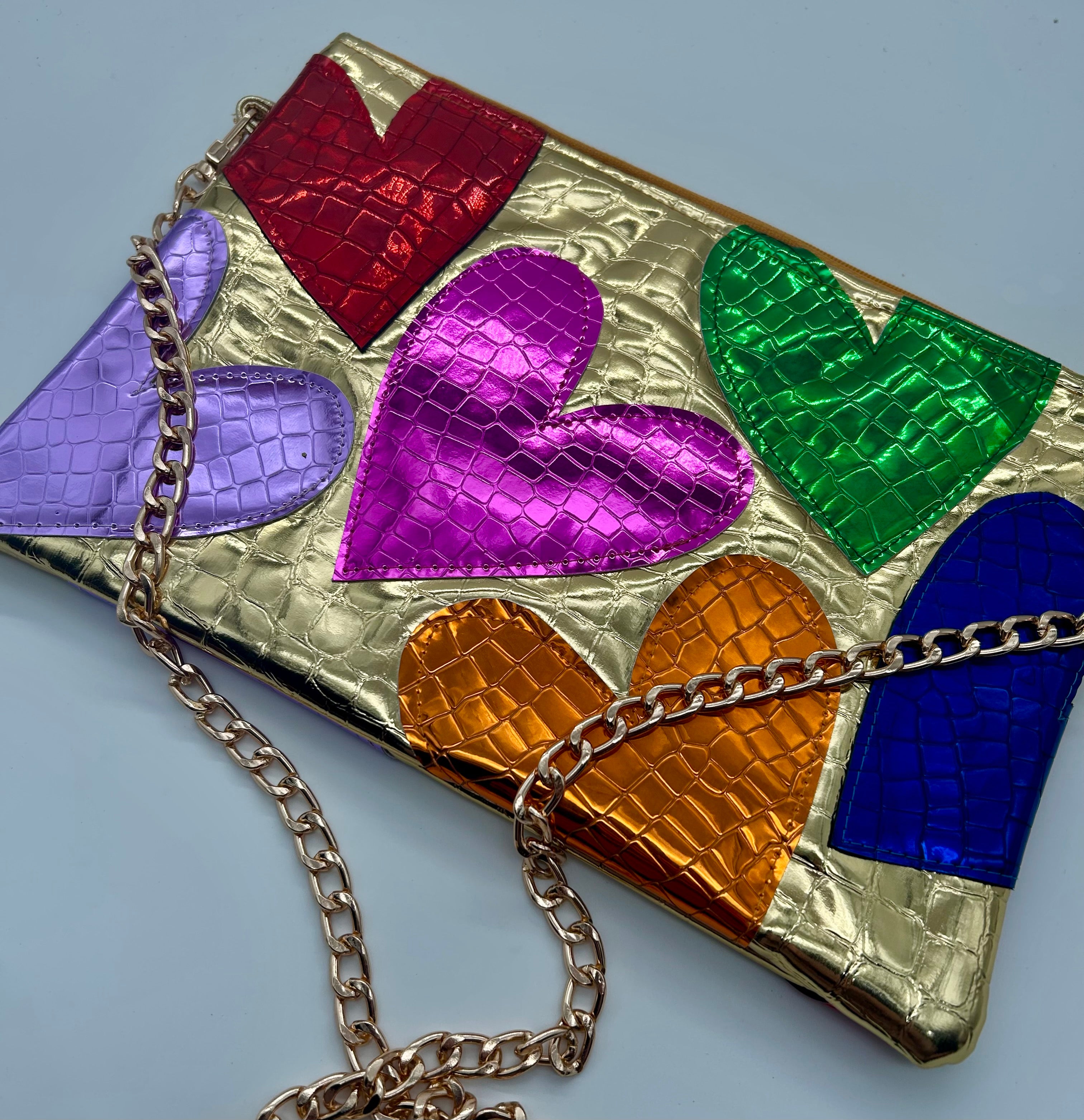 Gold embellished moc croc heart bag