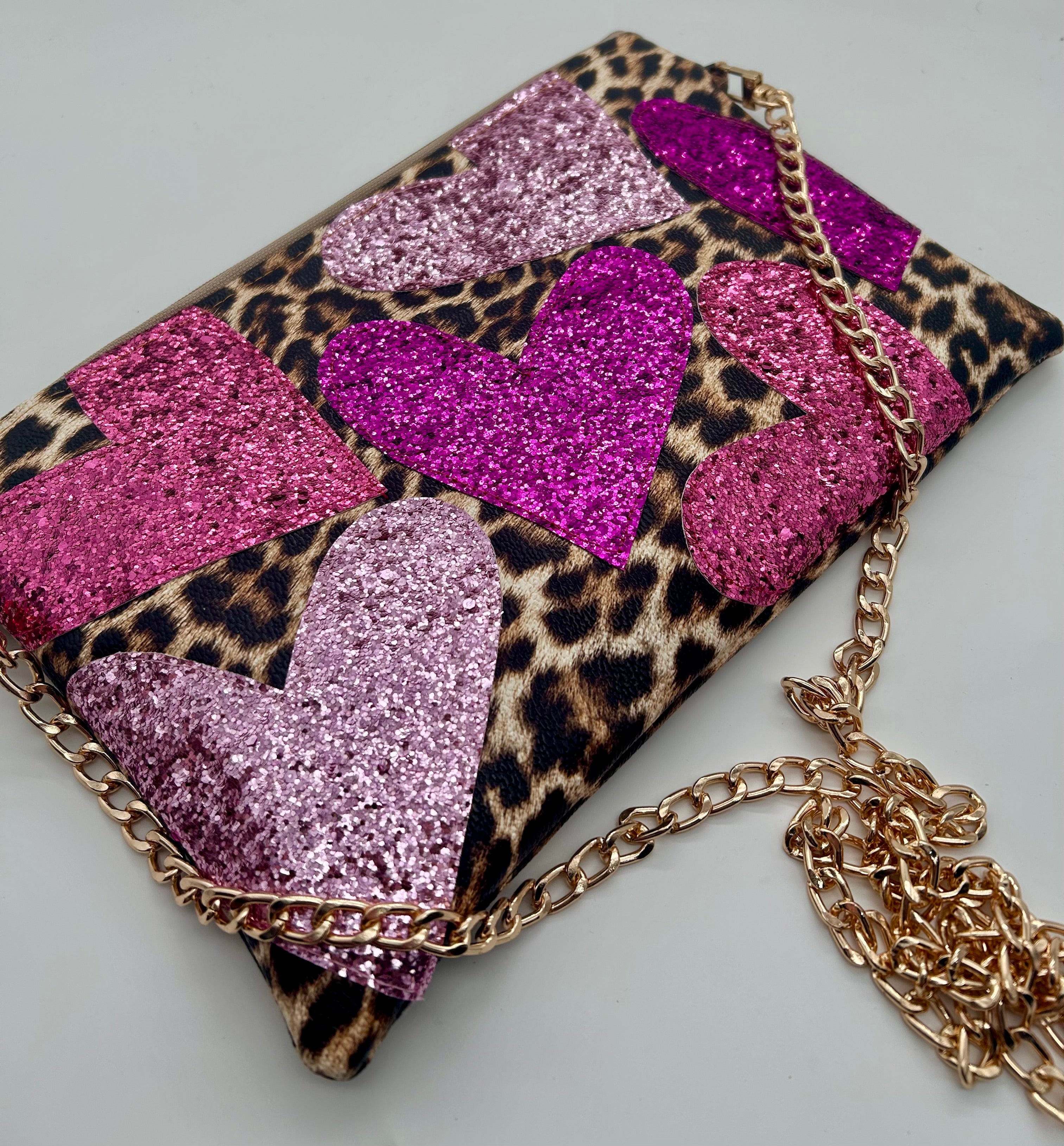 Embellished heart leopard bag