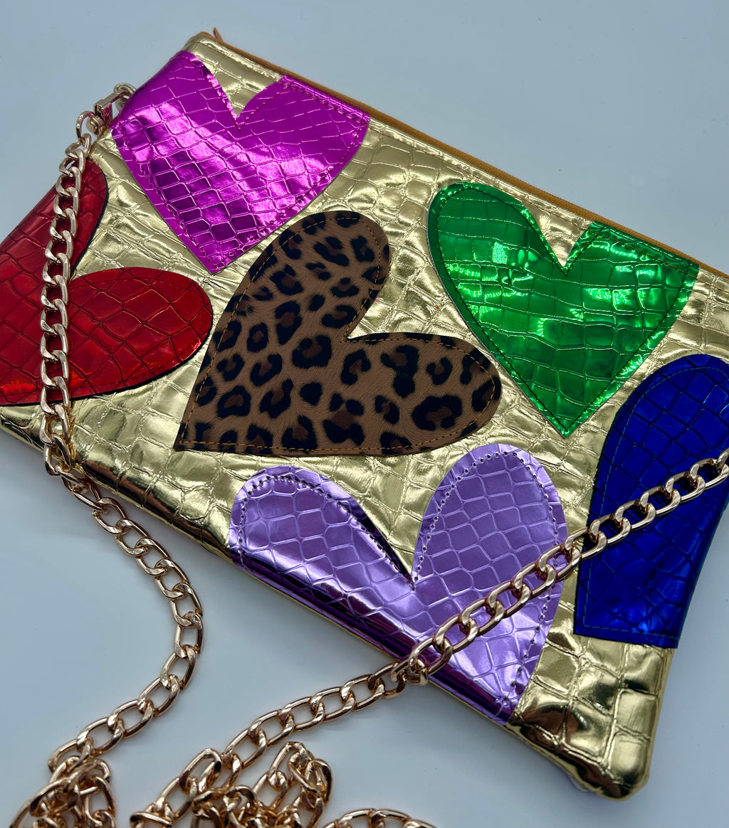 Gold embellished moc croc heart bag
