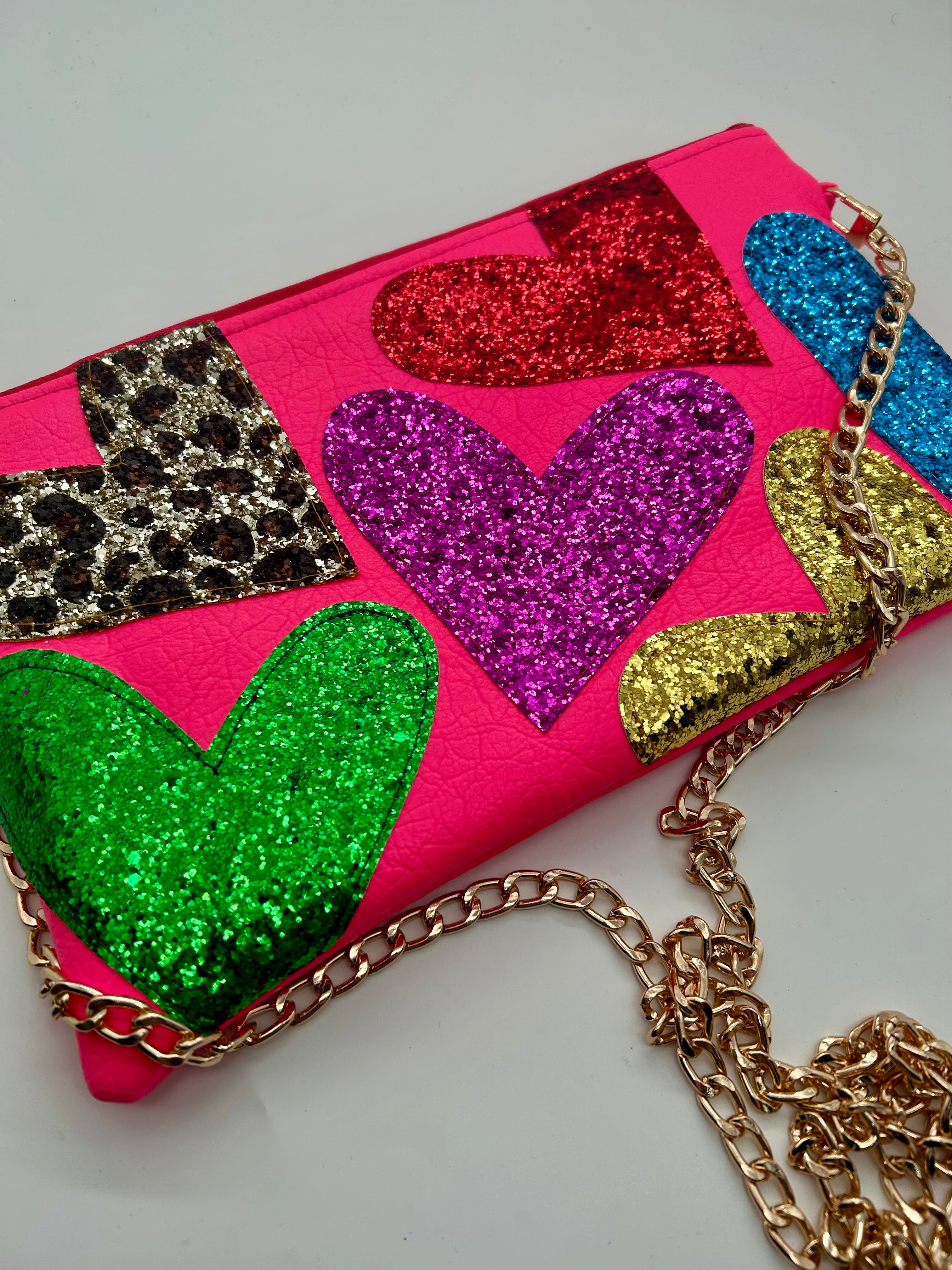 Neon pink embellished glitter heart bag