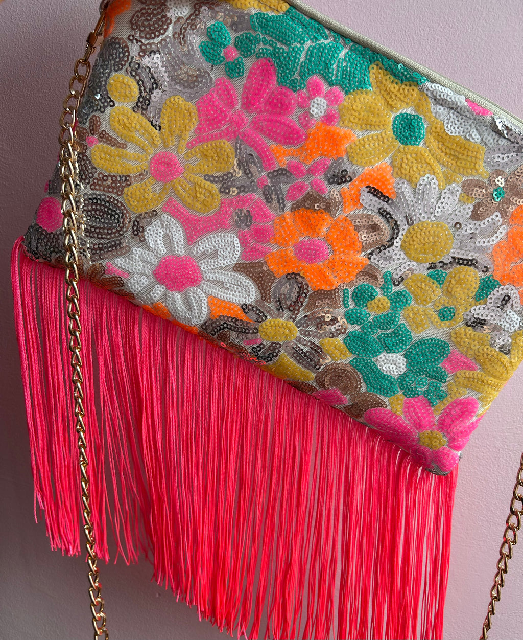 Floral sequin fringe handbag