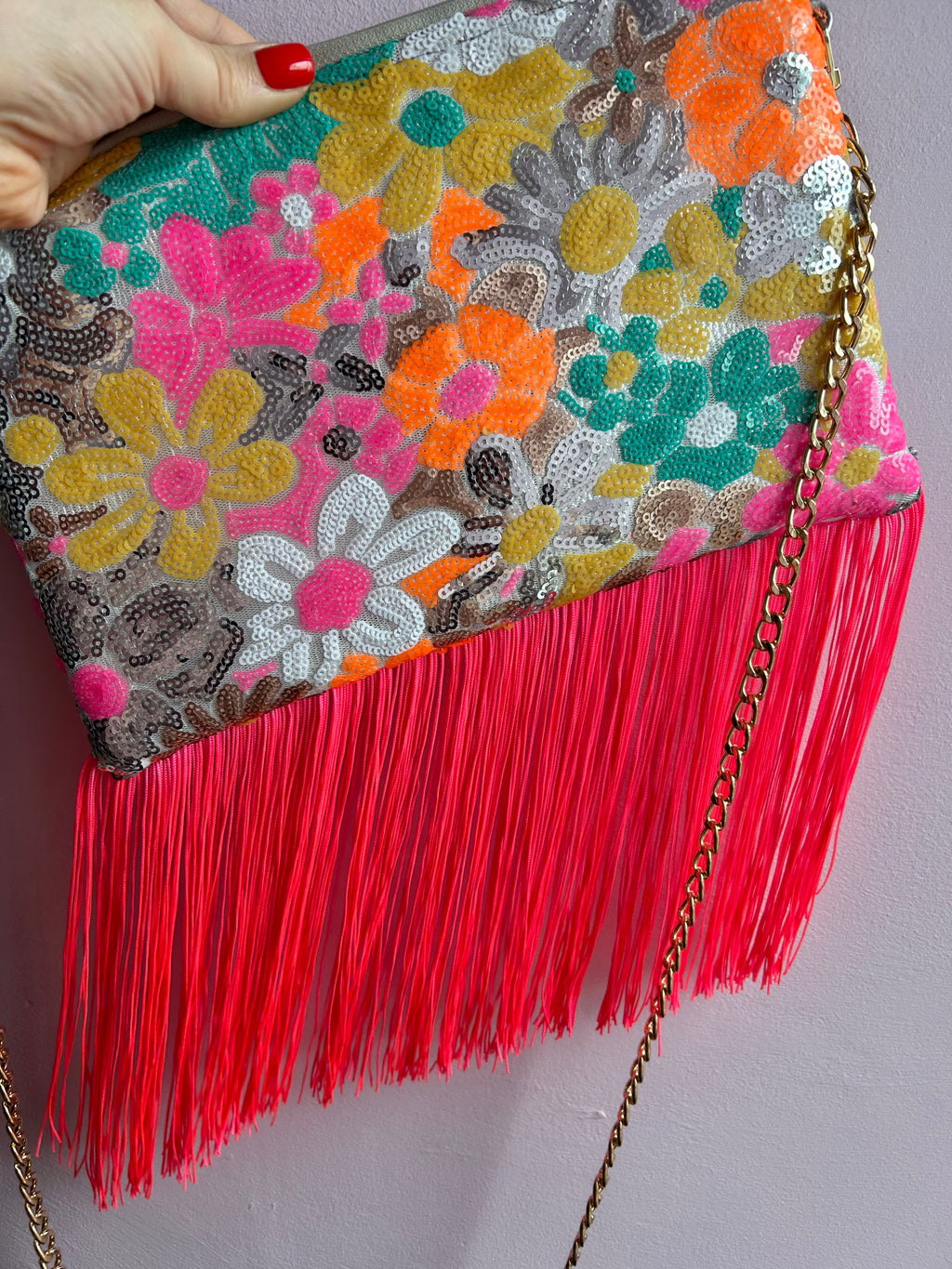 Floral sequin fringe handbag