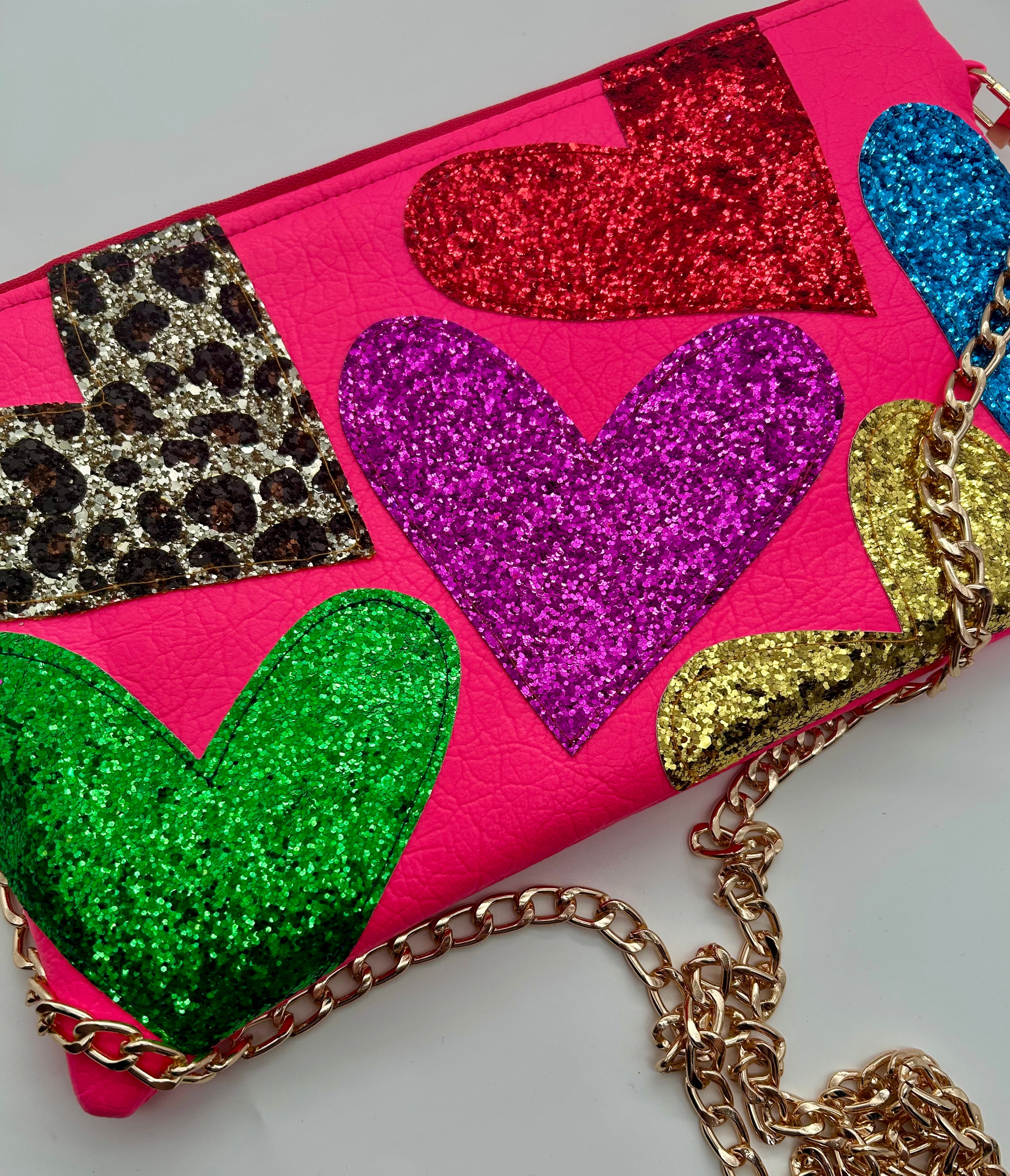 Neon pink embellished glitter heart bag