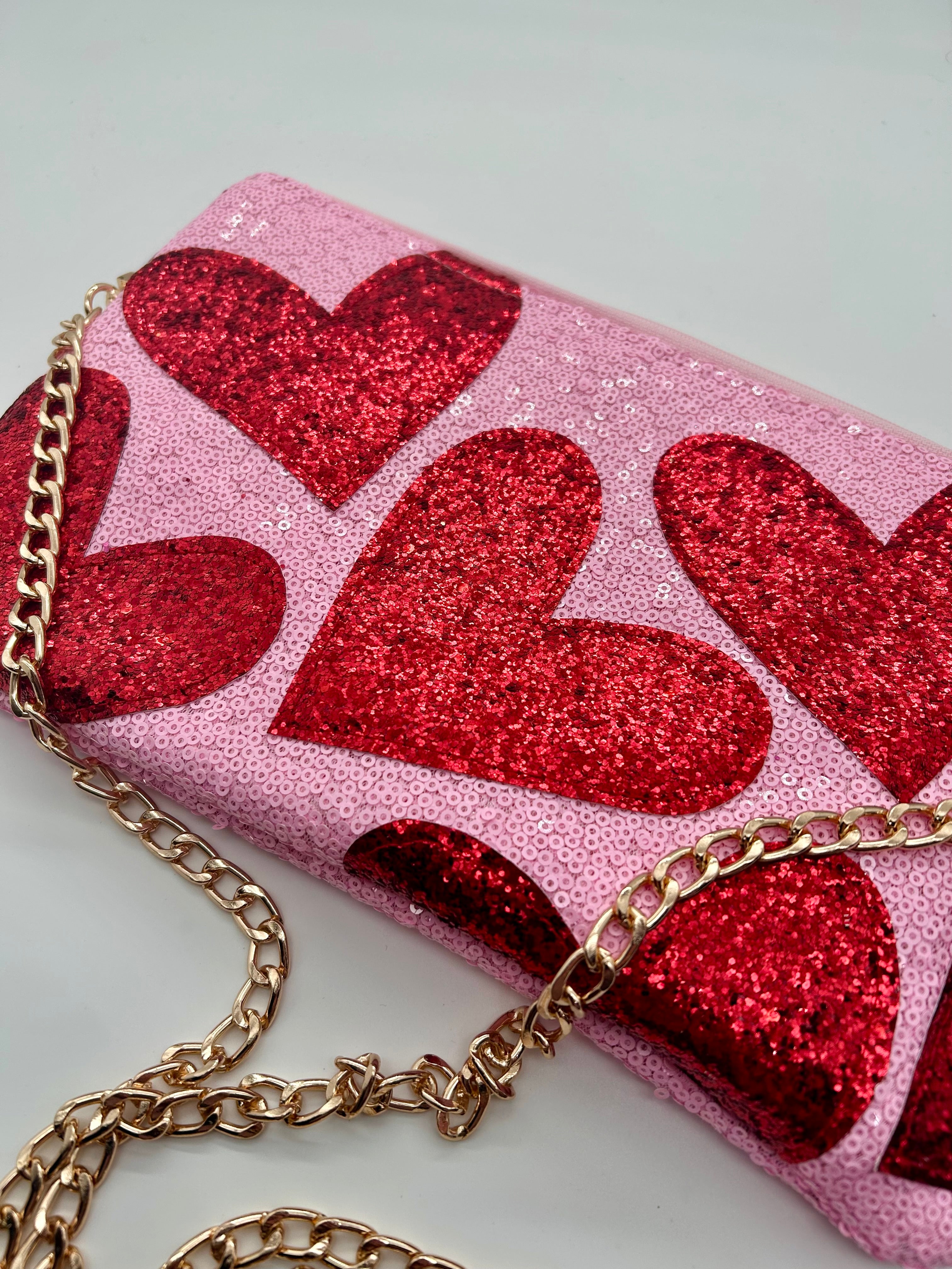Pink sequin and red heart glitter bag
