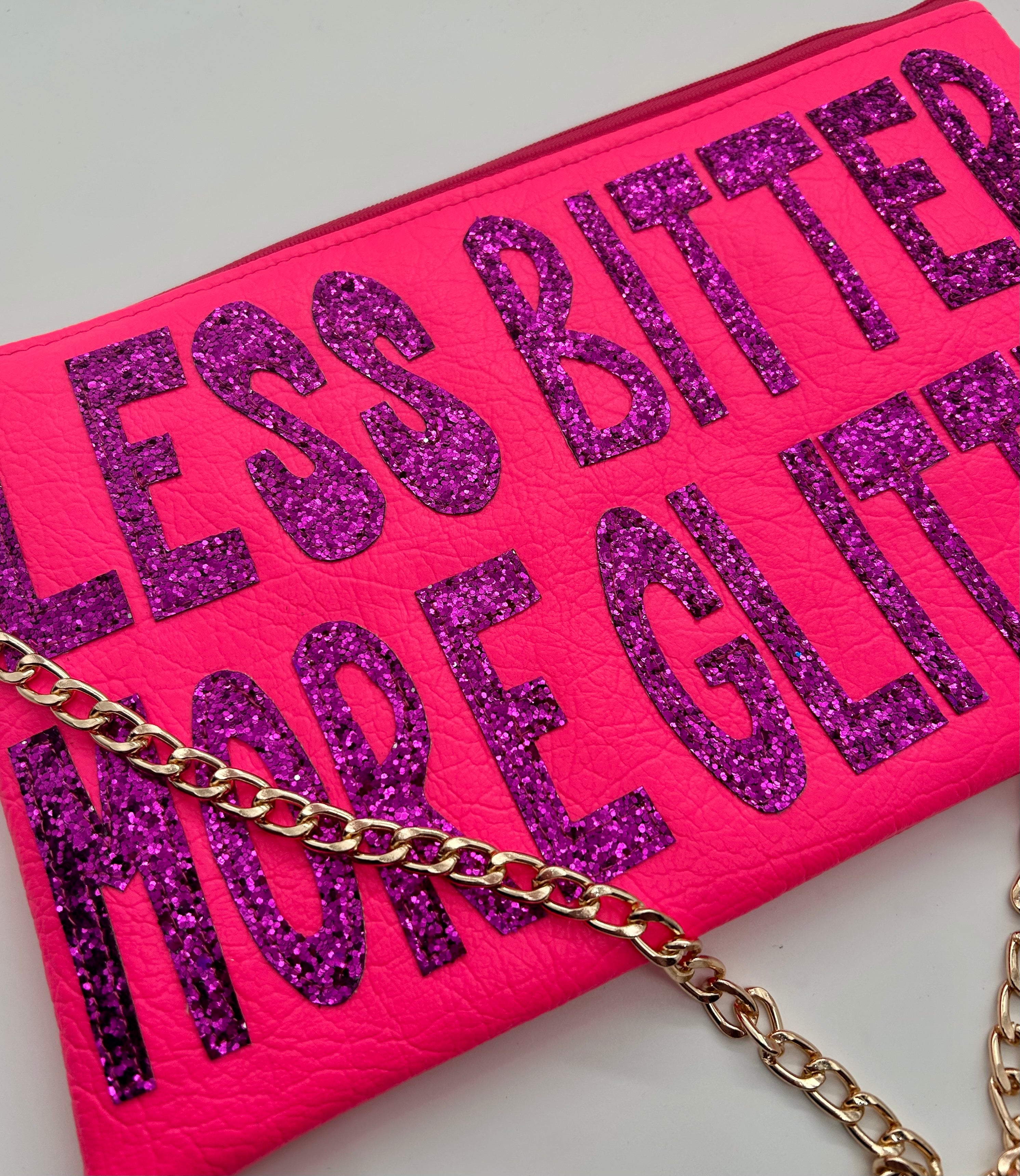 Neon pink glitter slogan bag