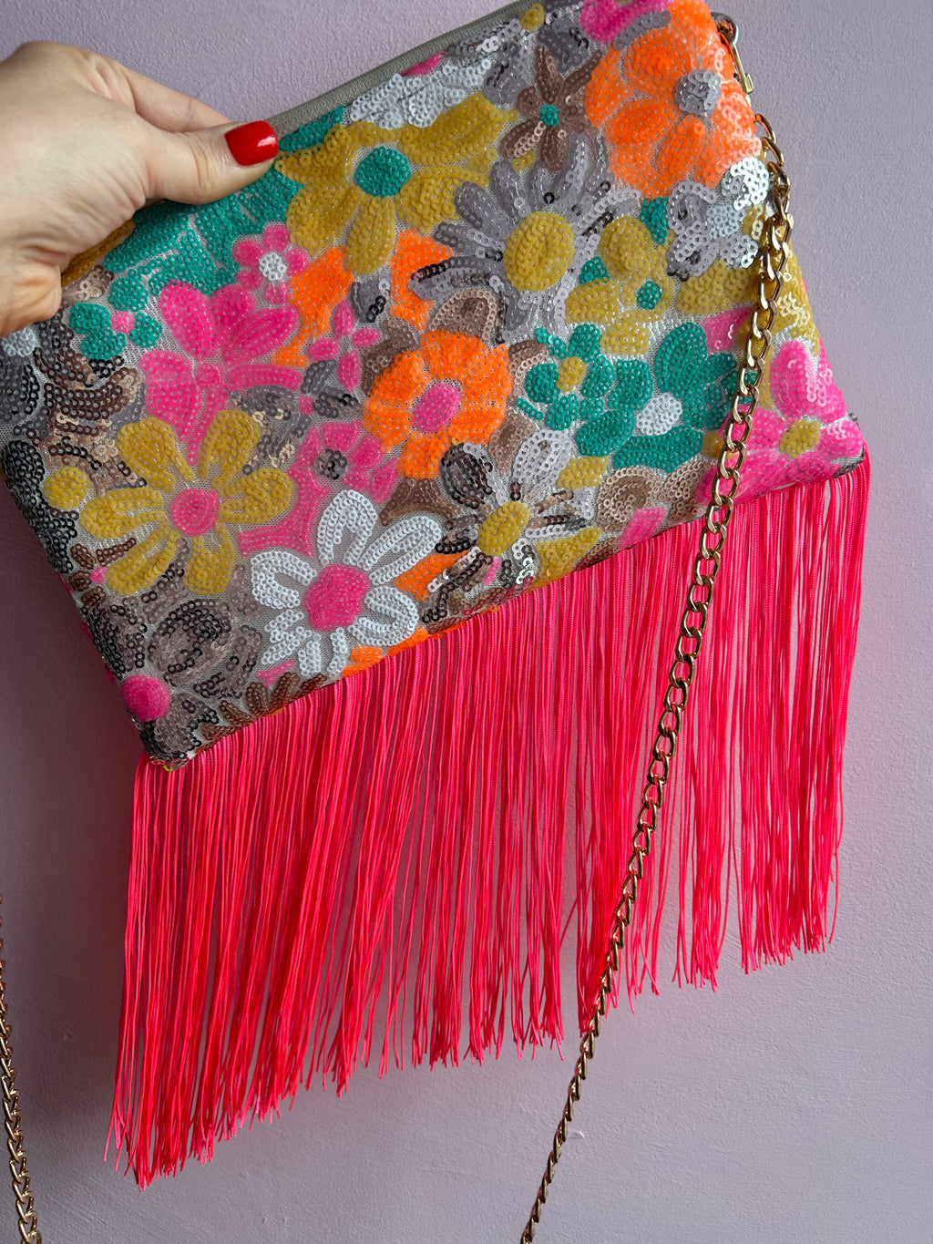 Floral sequin fringe handbag
