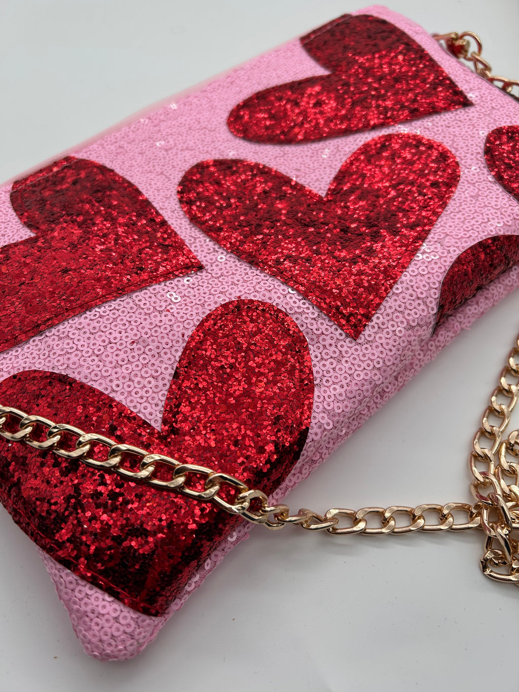 Pink sequin and red heart glitter bag