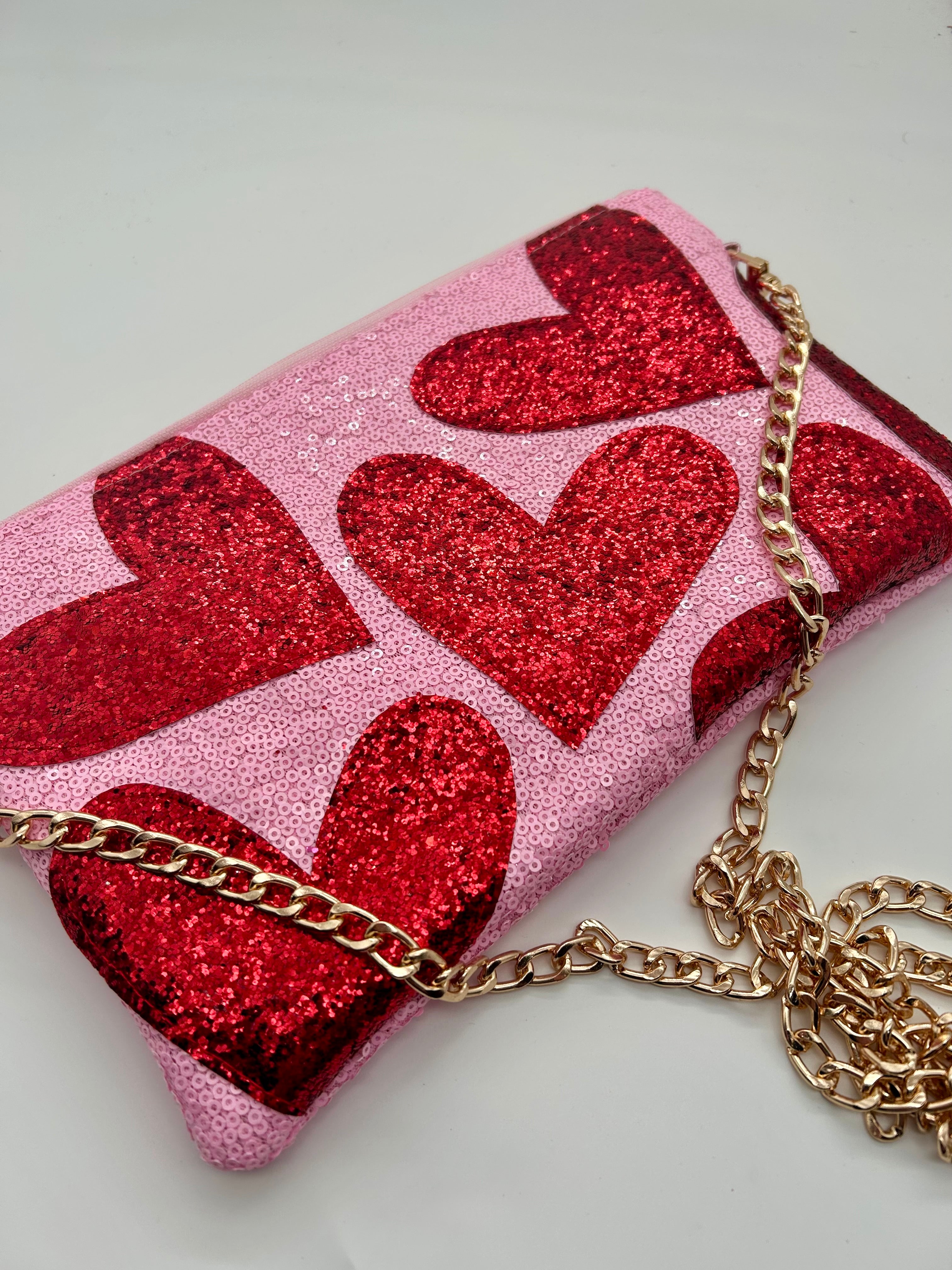Pink sequin and red heart glitter bag