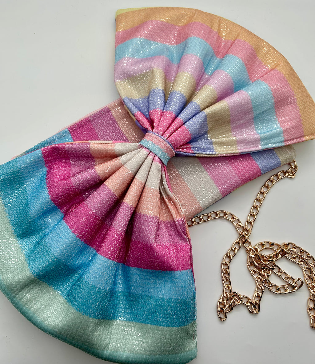 Rainbow stripe sequin bow bag