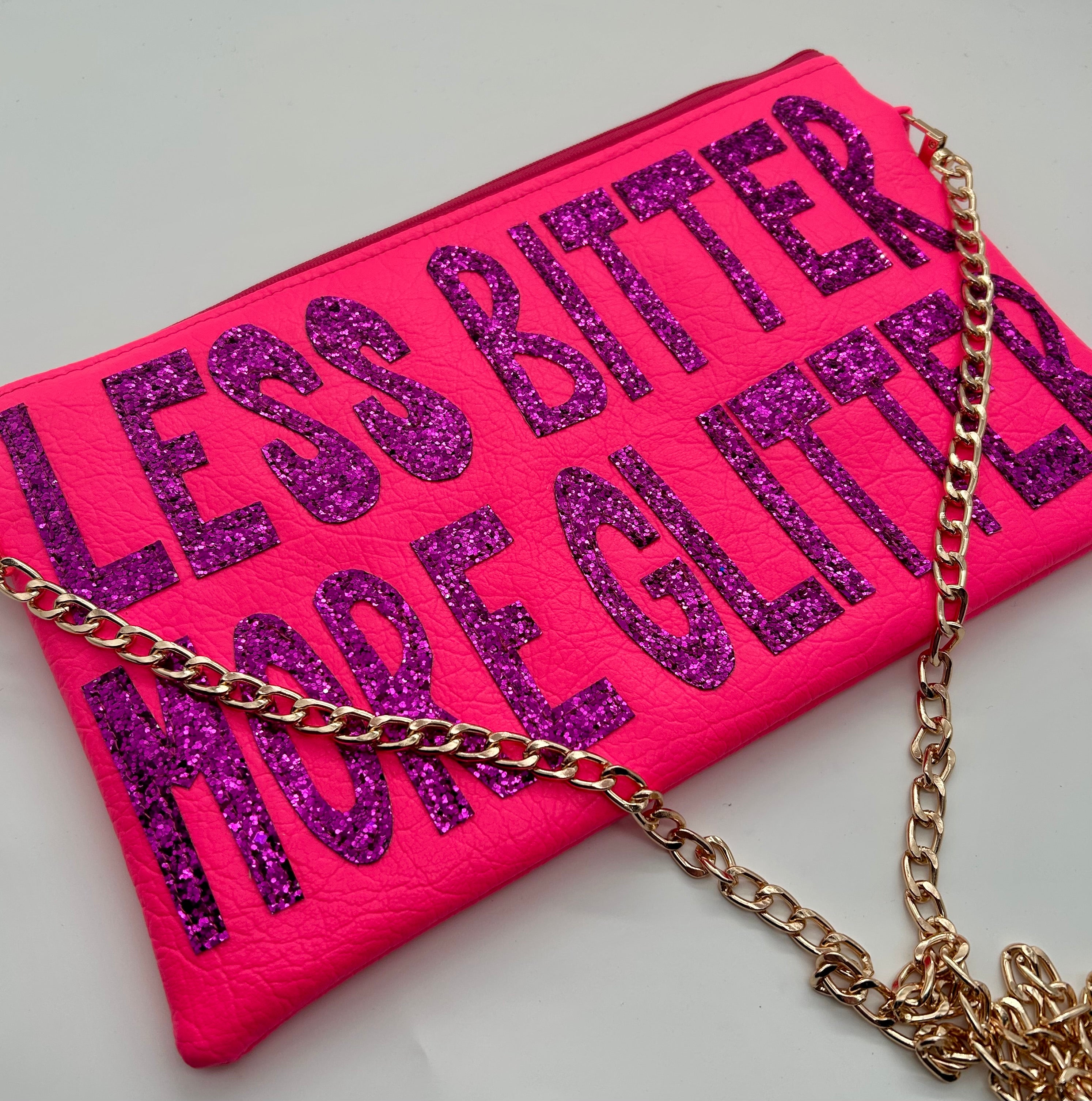 Neon pink glitter slogan bag