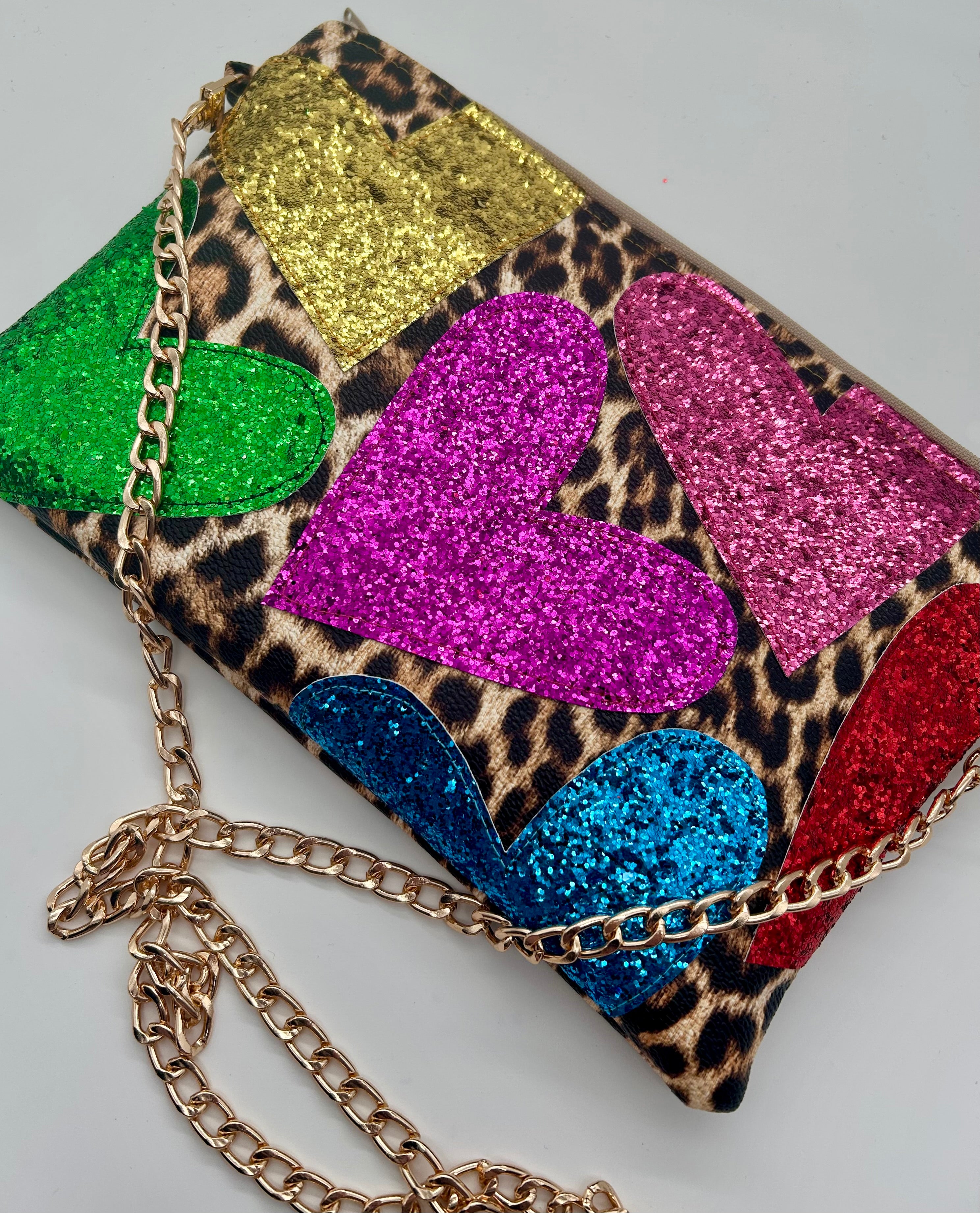 Leopard print embellished heart glitter bag