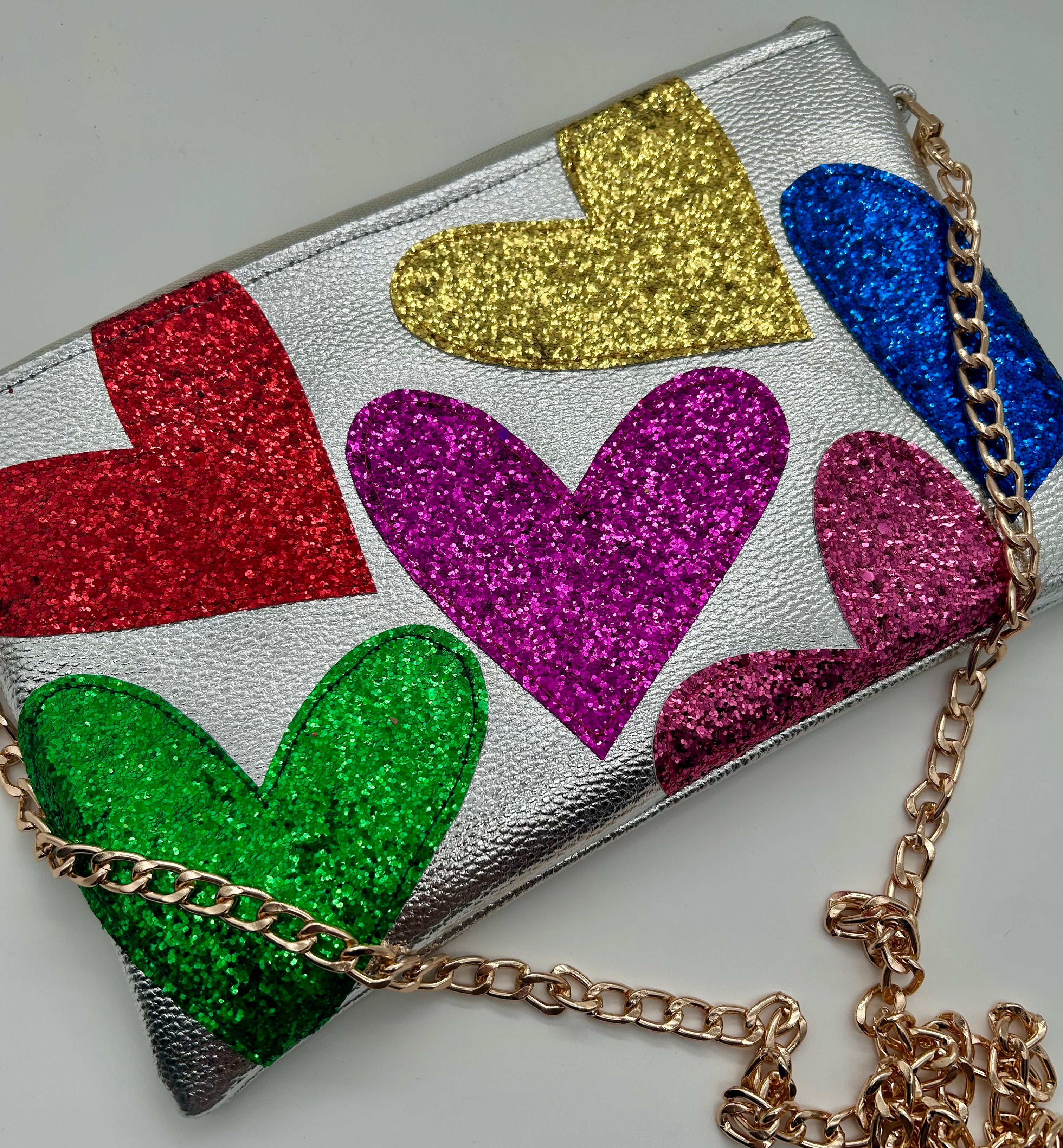 Silver metallic embellished glitter heart bag