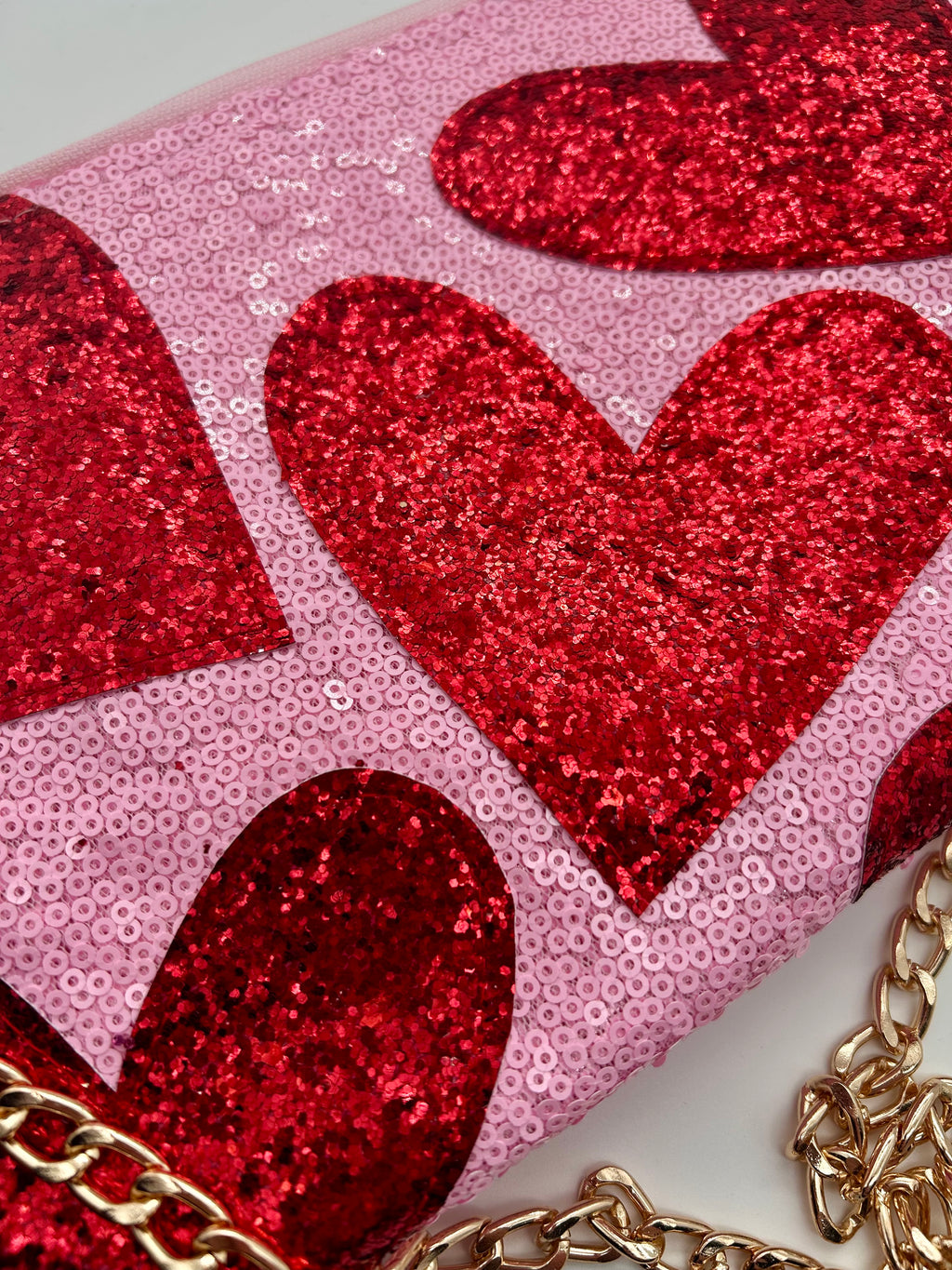 Pink sequin and red heart glitter bag