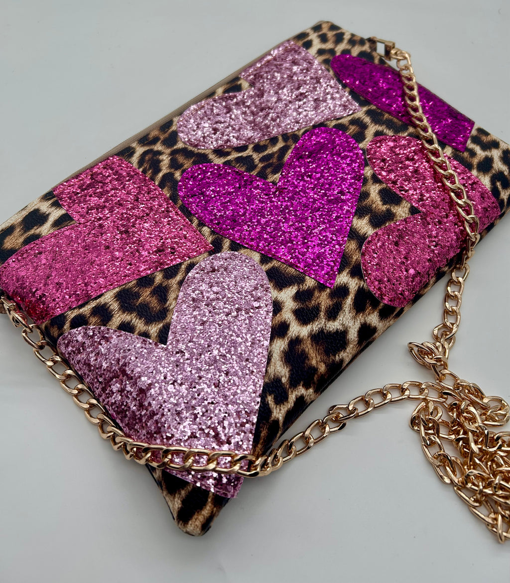 Embellished heart leopard bag