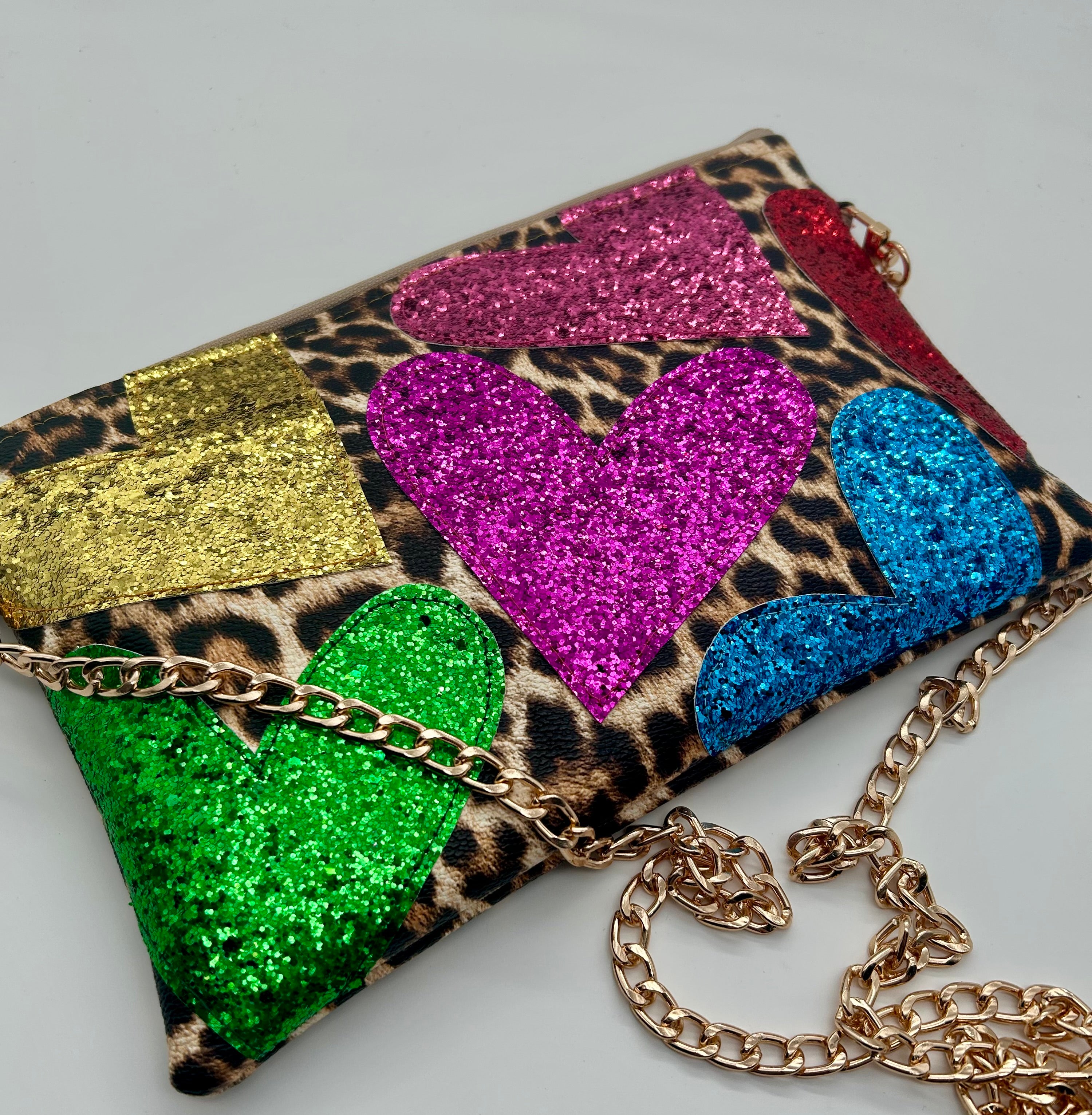 Leopard print embellished heart glitter bag