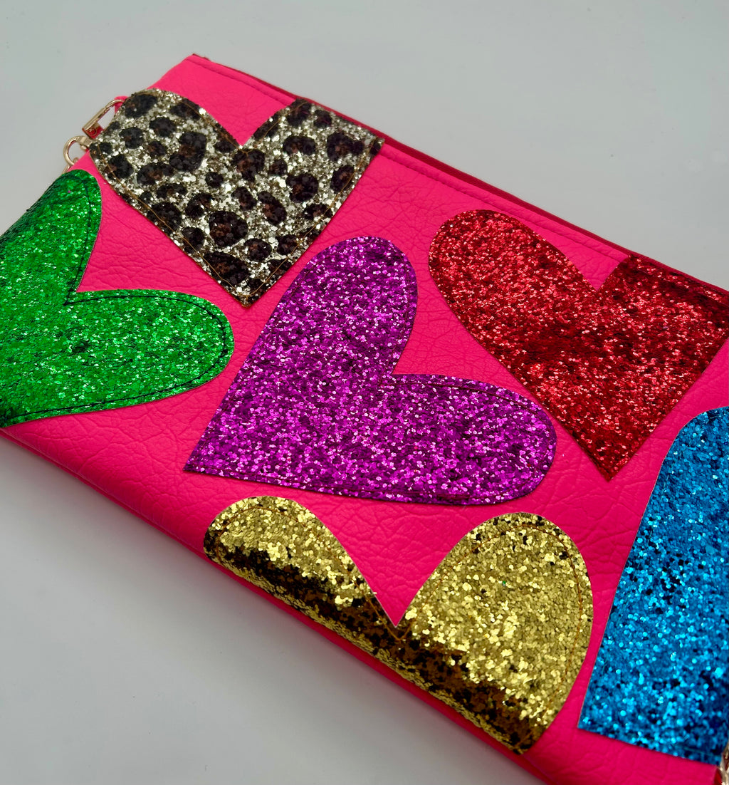 Neon pink embellished glitter heart bag