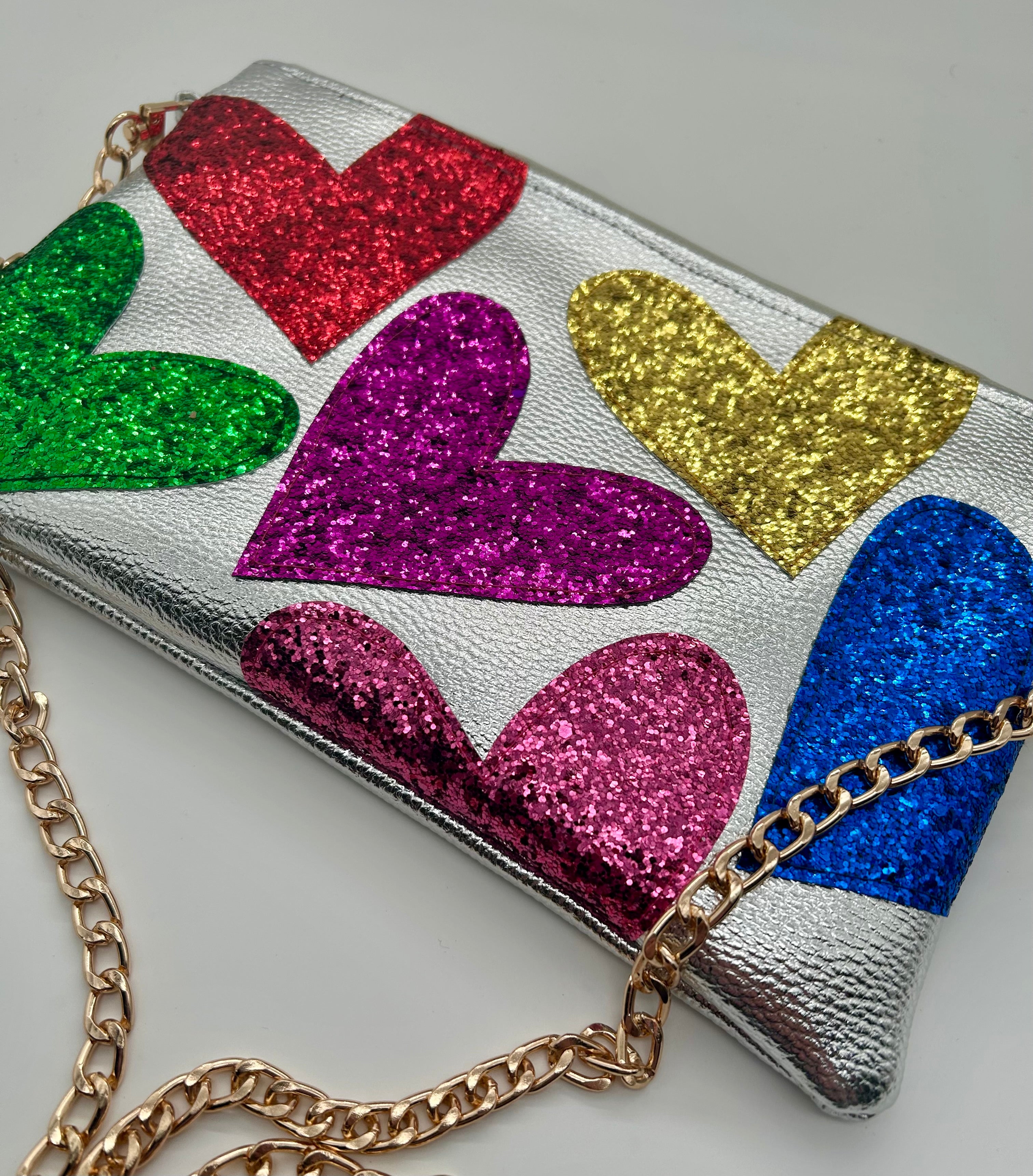 Silver metallic embellished glitter heart bag