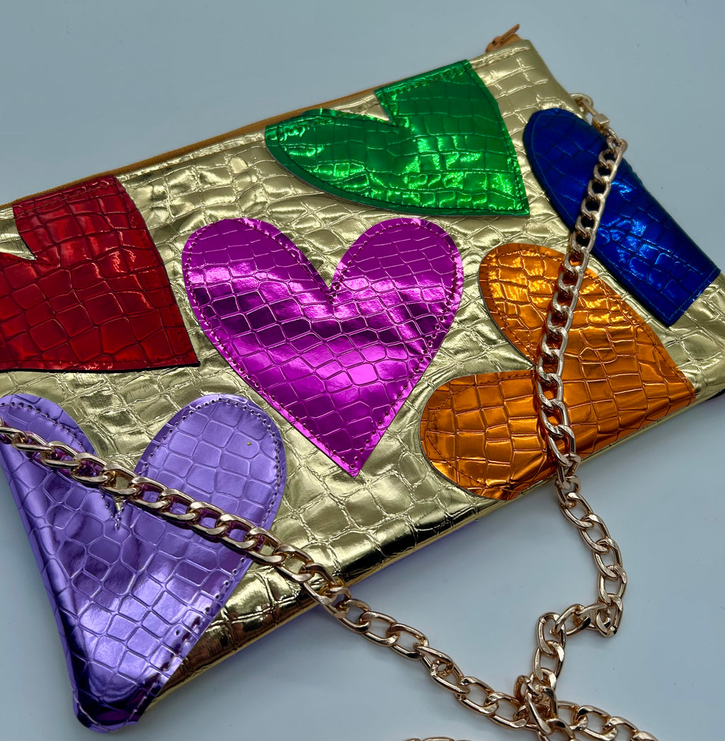 Gold embellished moc croc heart bag