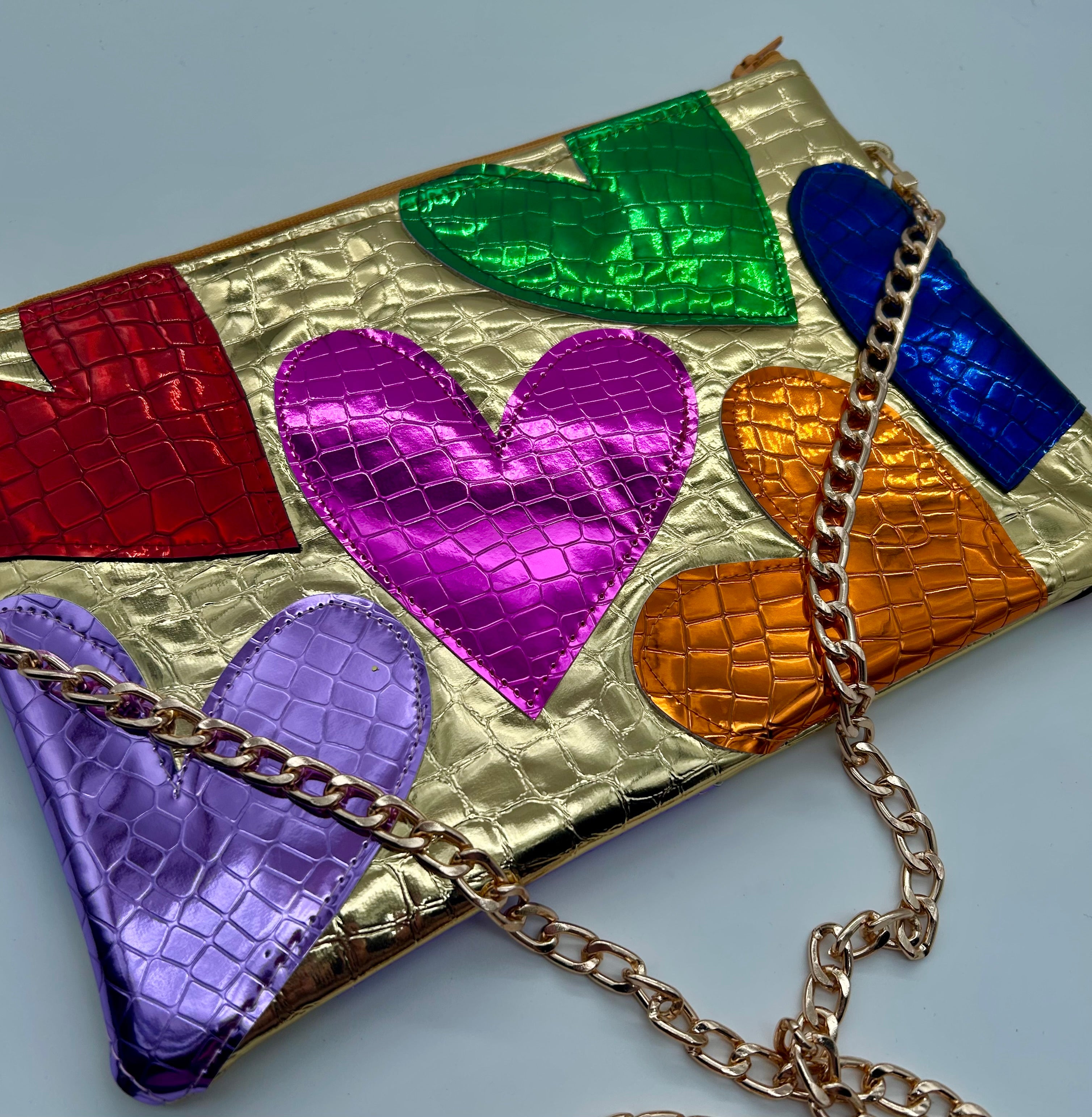 Gold embellished moc croc heart bag