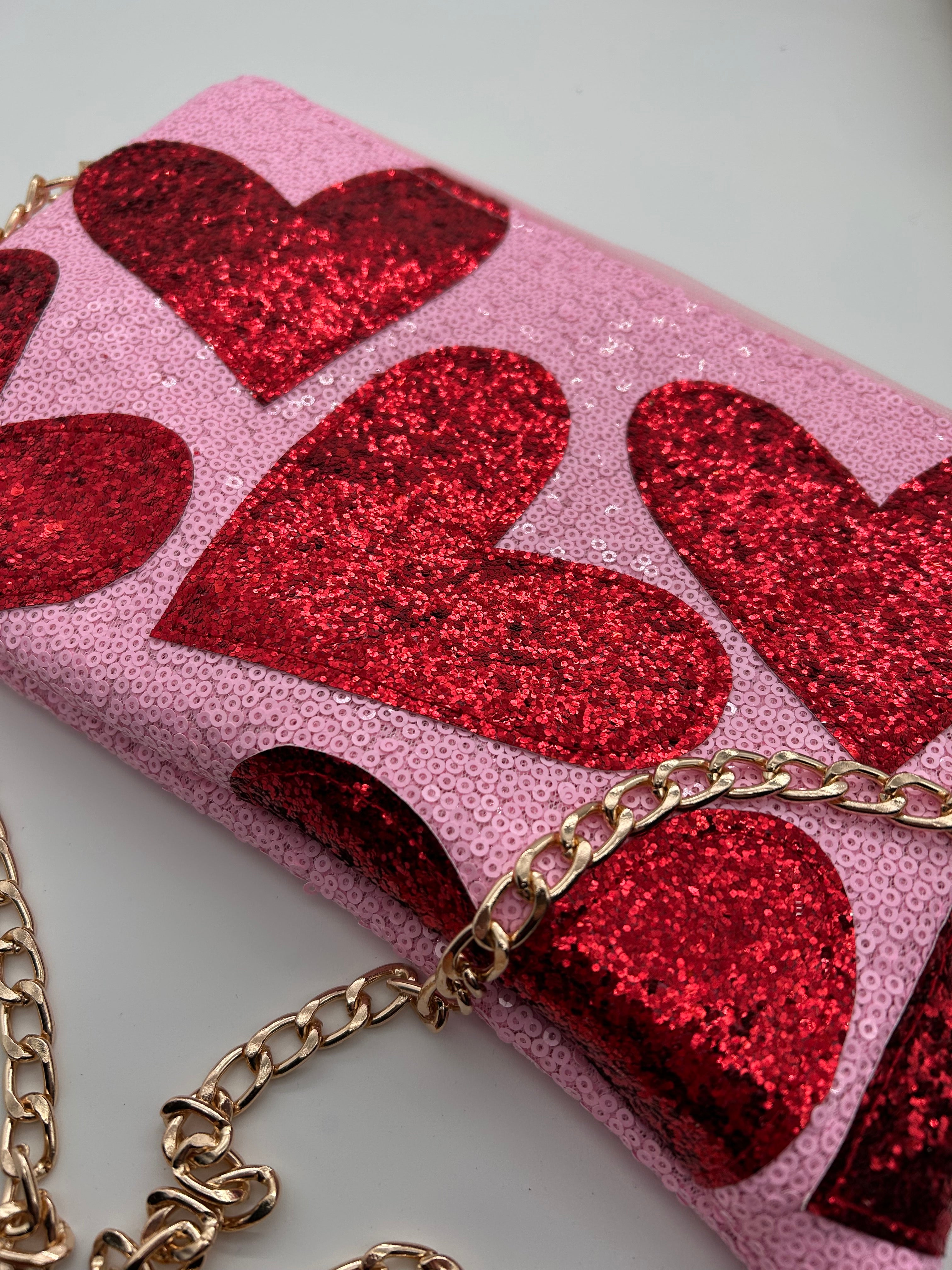 Pink sequin and red heart glitter bag