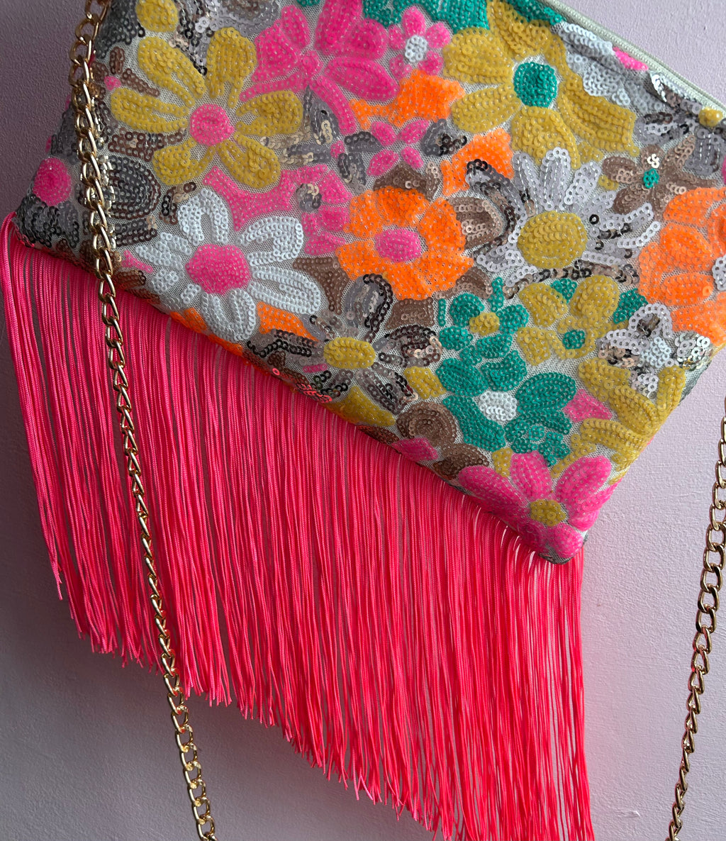 Floral sequin fringe handbag