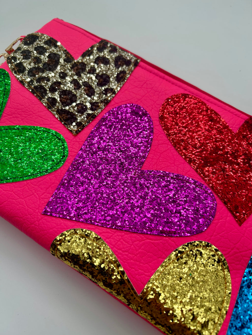 Neon pink embellished glitter heart bag