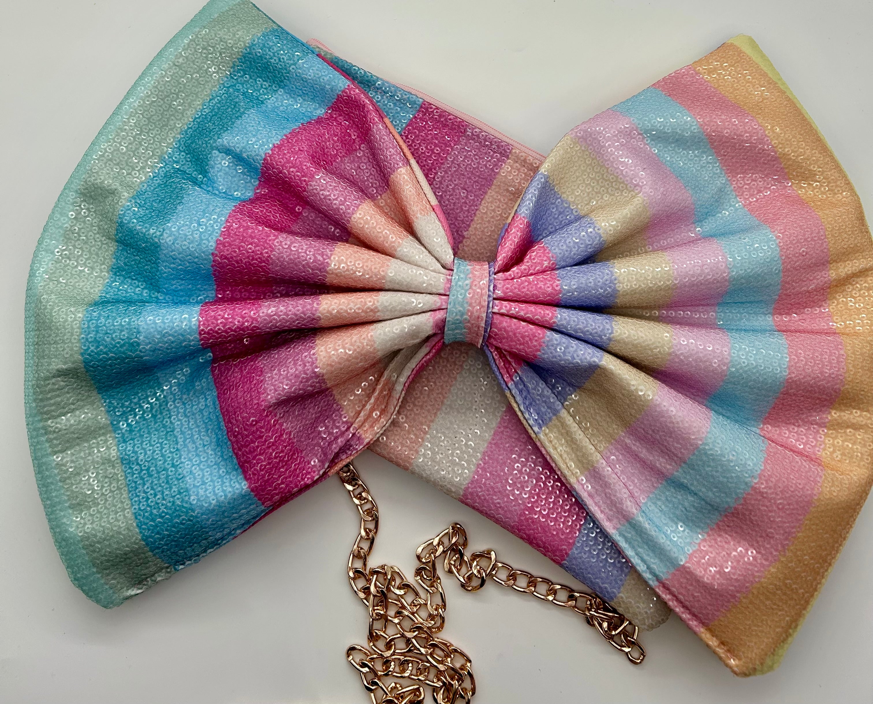 Rainbow stripe sequin bow bag