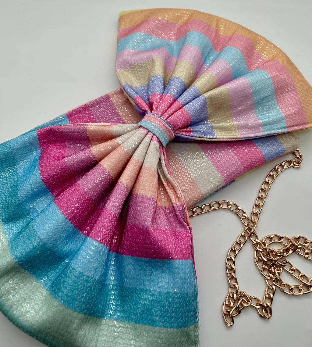 Rainbow stripe sequin bow bag