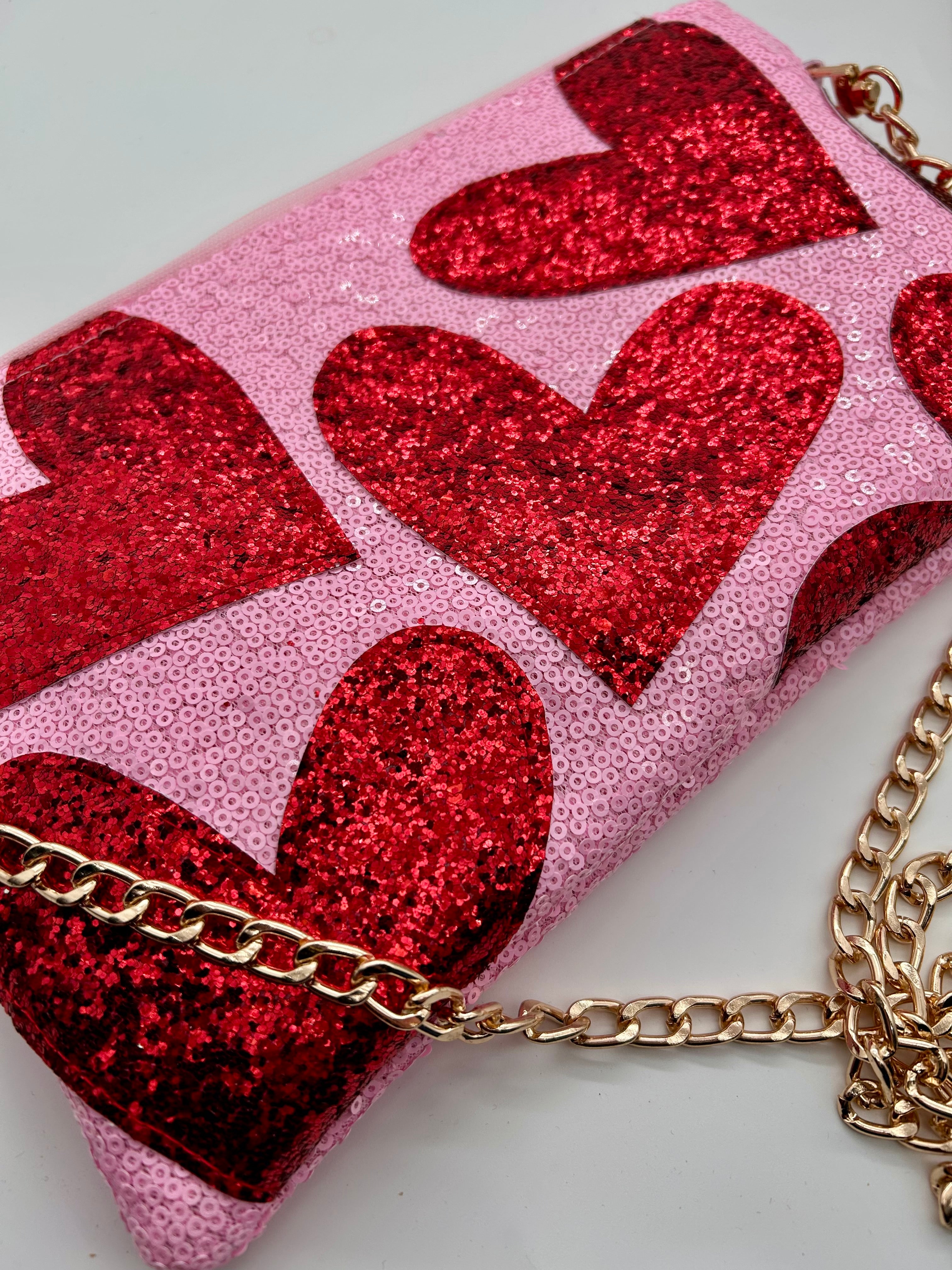 Pink sequin and red heart glitter bag