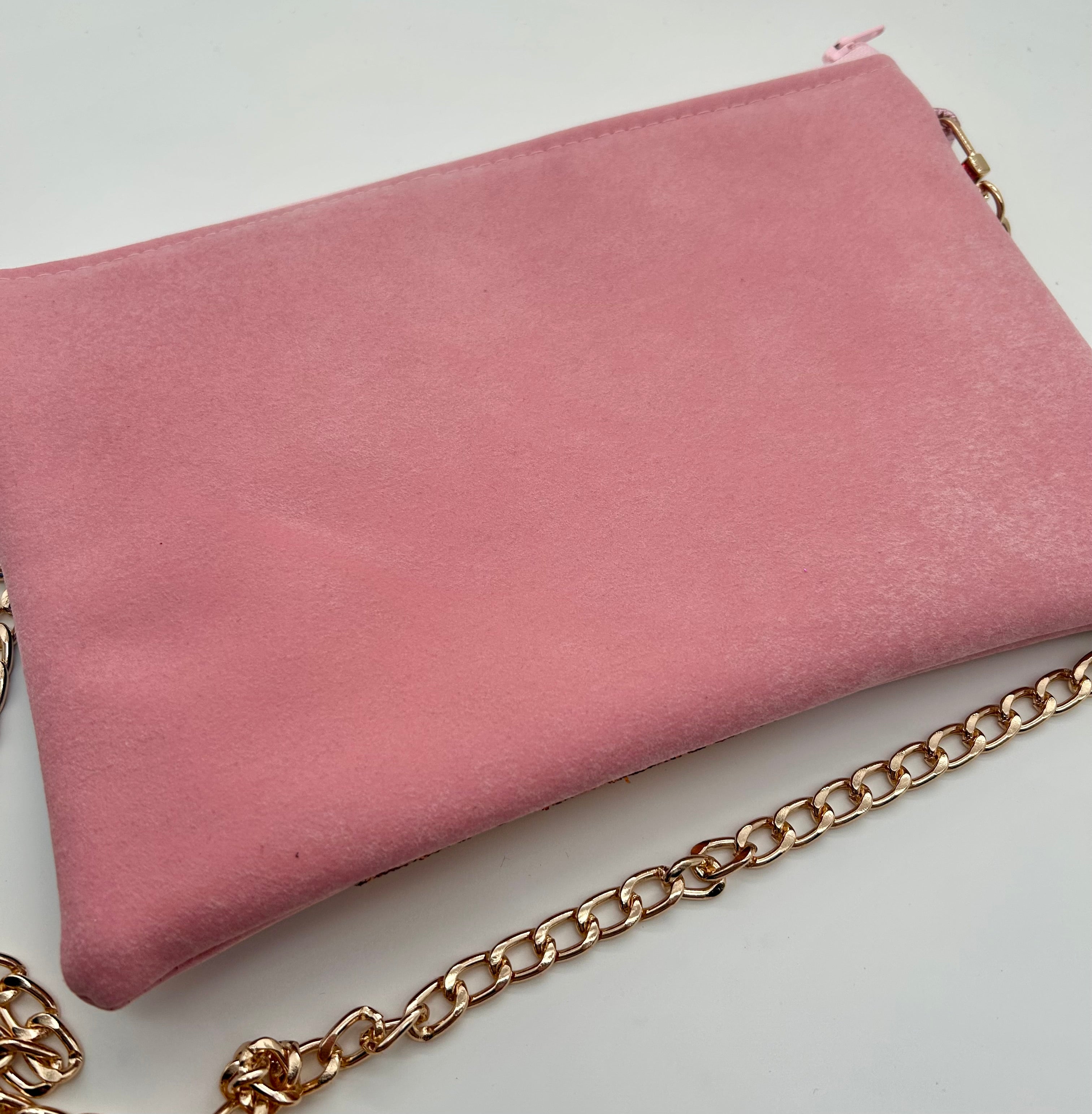 Pale pink faux suede embellished heart glitter bag