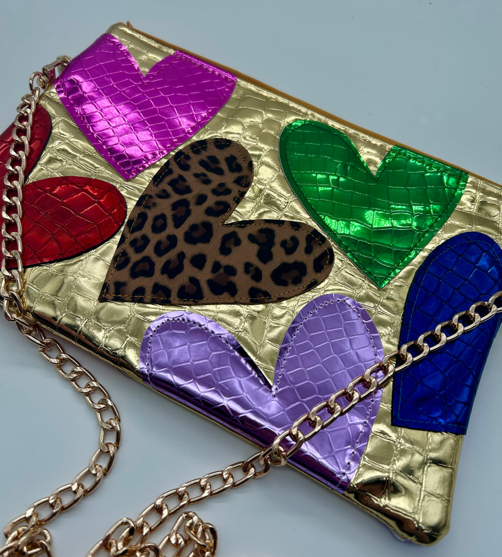 Gold embellished moc croc heart bag
