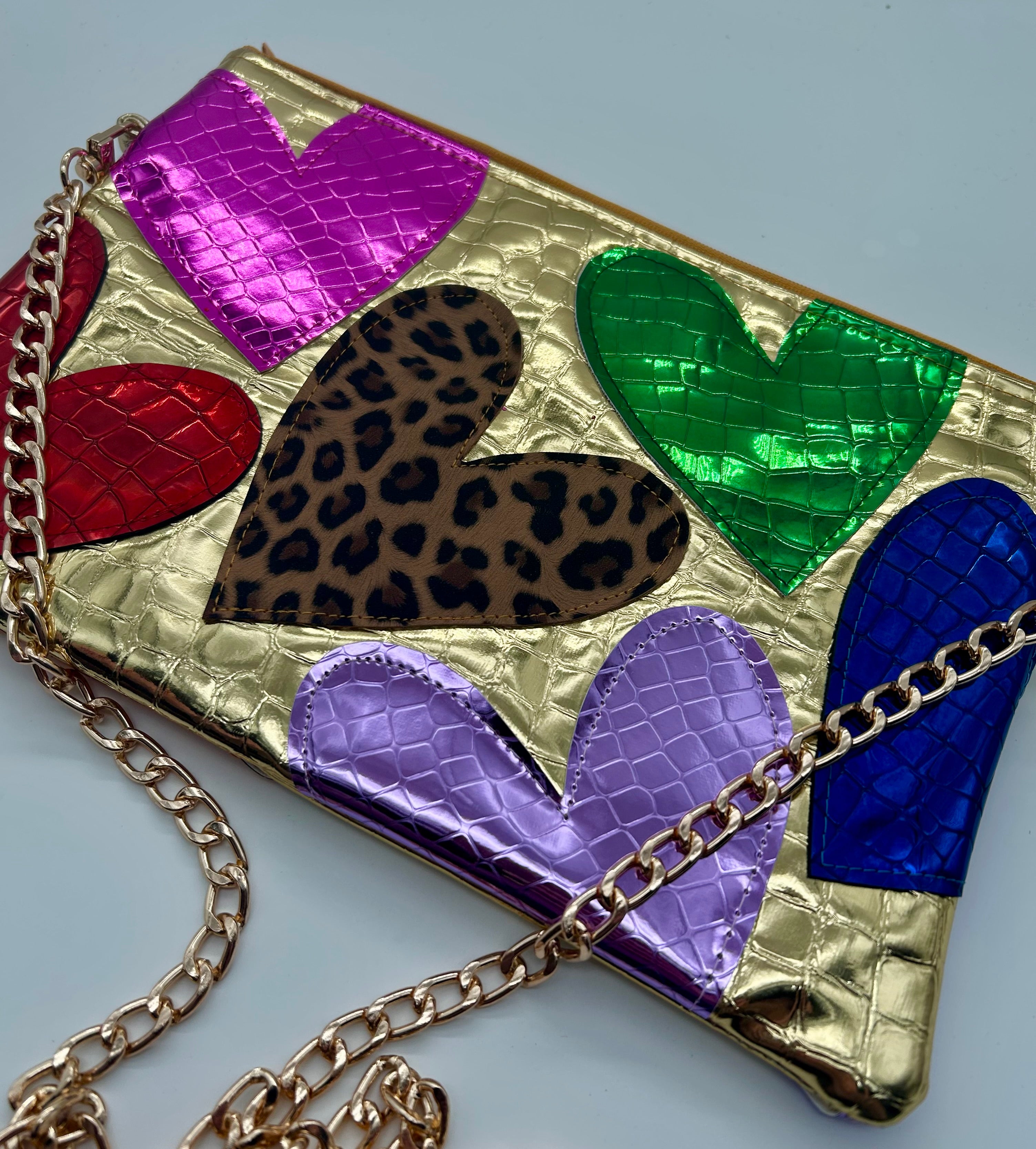 Gold embellished moc croc heart bag